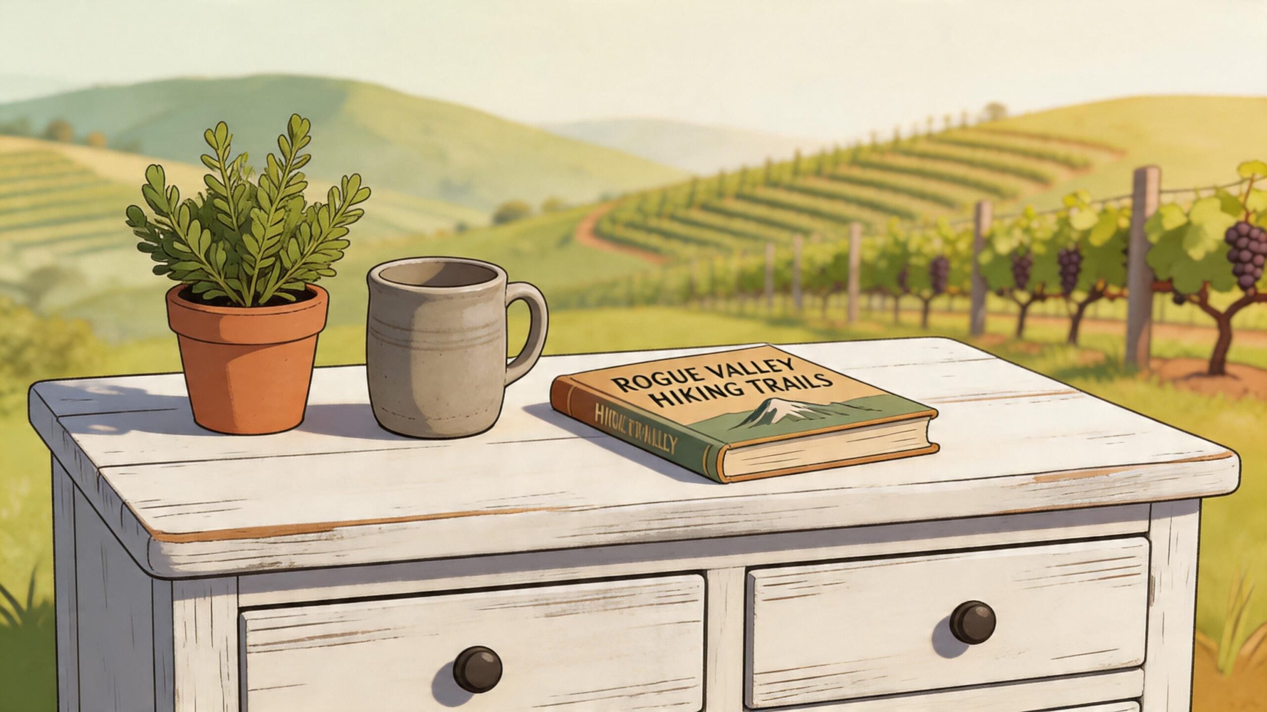 A scenic view of a vineyard with a white dresser holding a plant, mug, and hiking book.