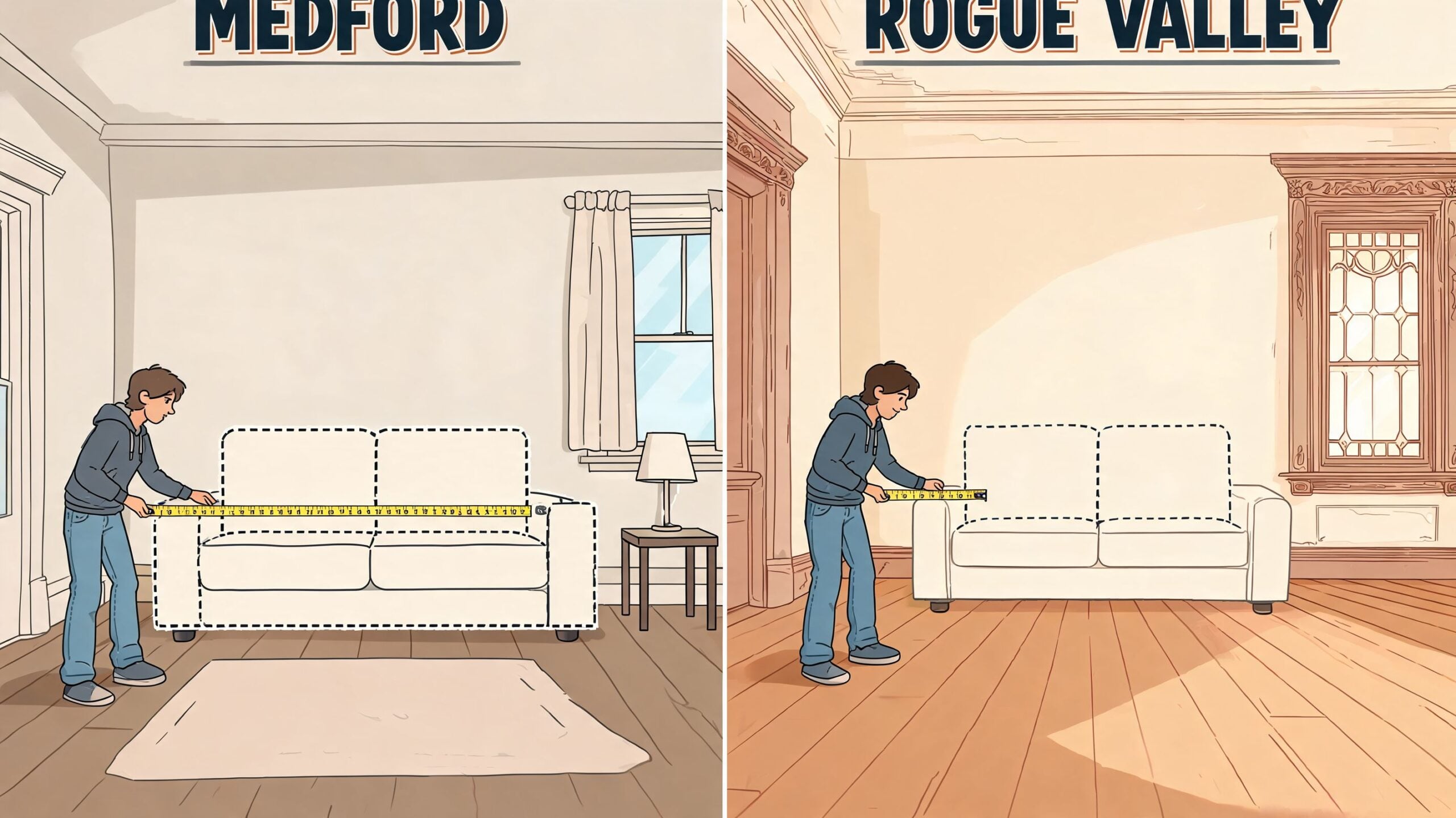 A split-screen illustration showing a person measuring a two-cushion couch in two different room settings.