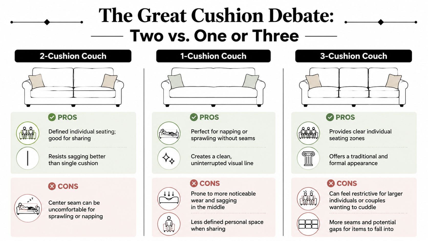 A comparison infographic showing pros and cons of one, two, and three-cushion couch designs.