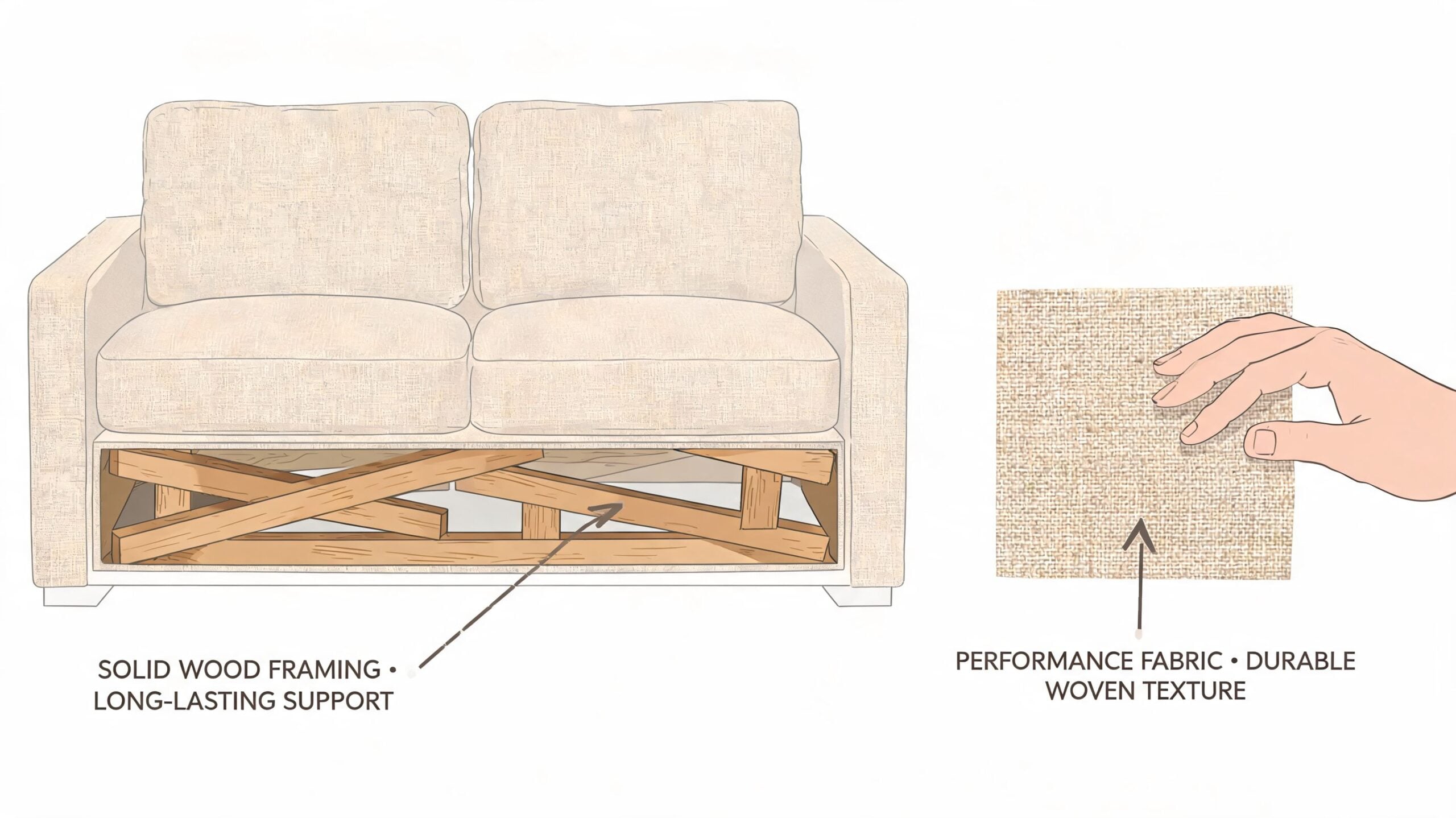 A detailed illustration of a two-cushion couch showcasing its solid wood framing and durable performance fabric.
