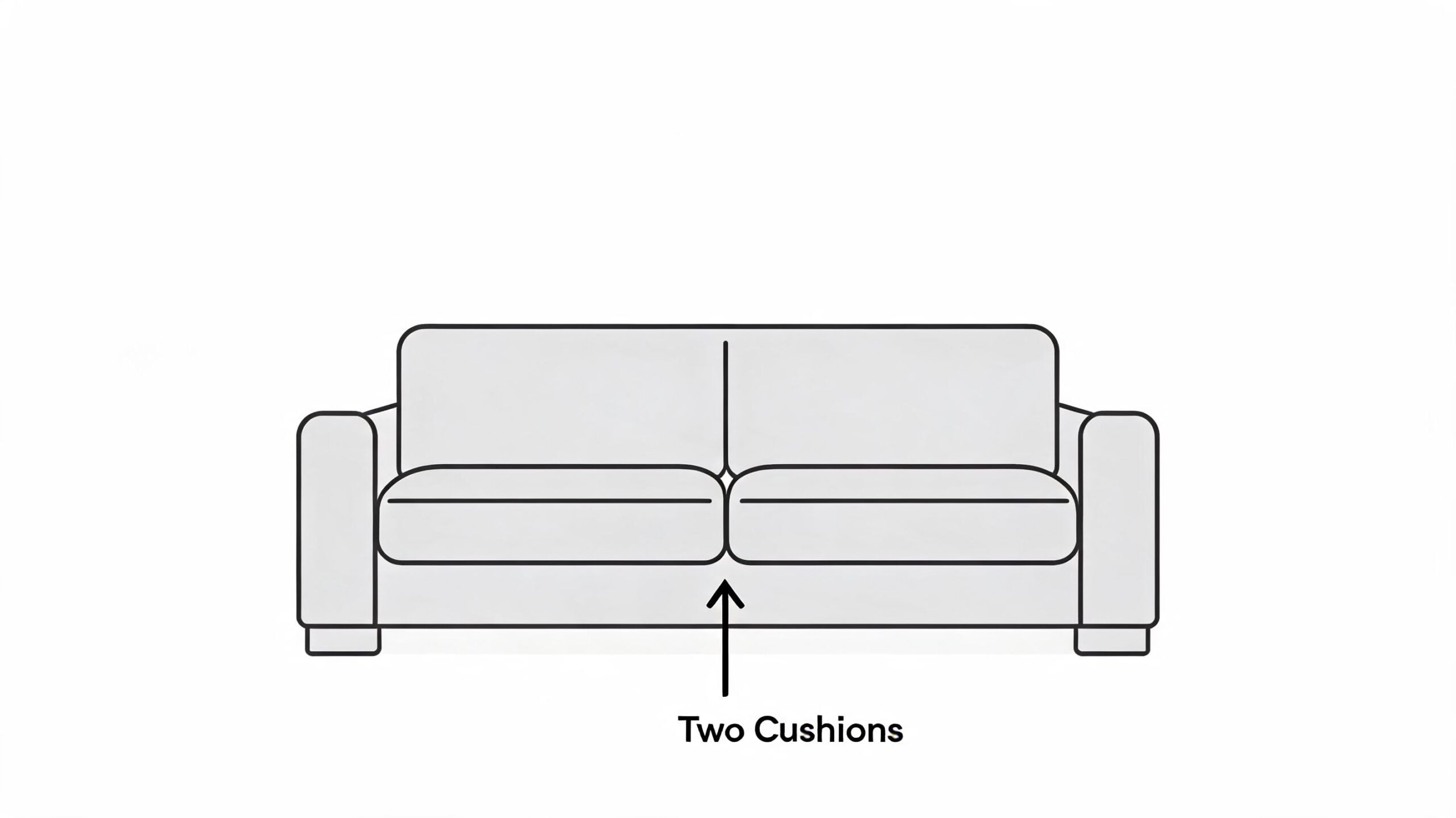 A simple line drawing of a grey sofa with two seat cushions and an arrow pointing upward.