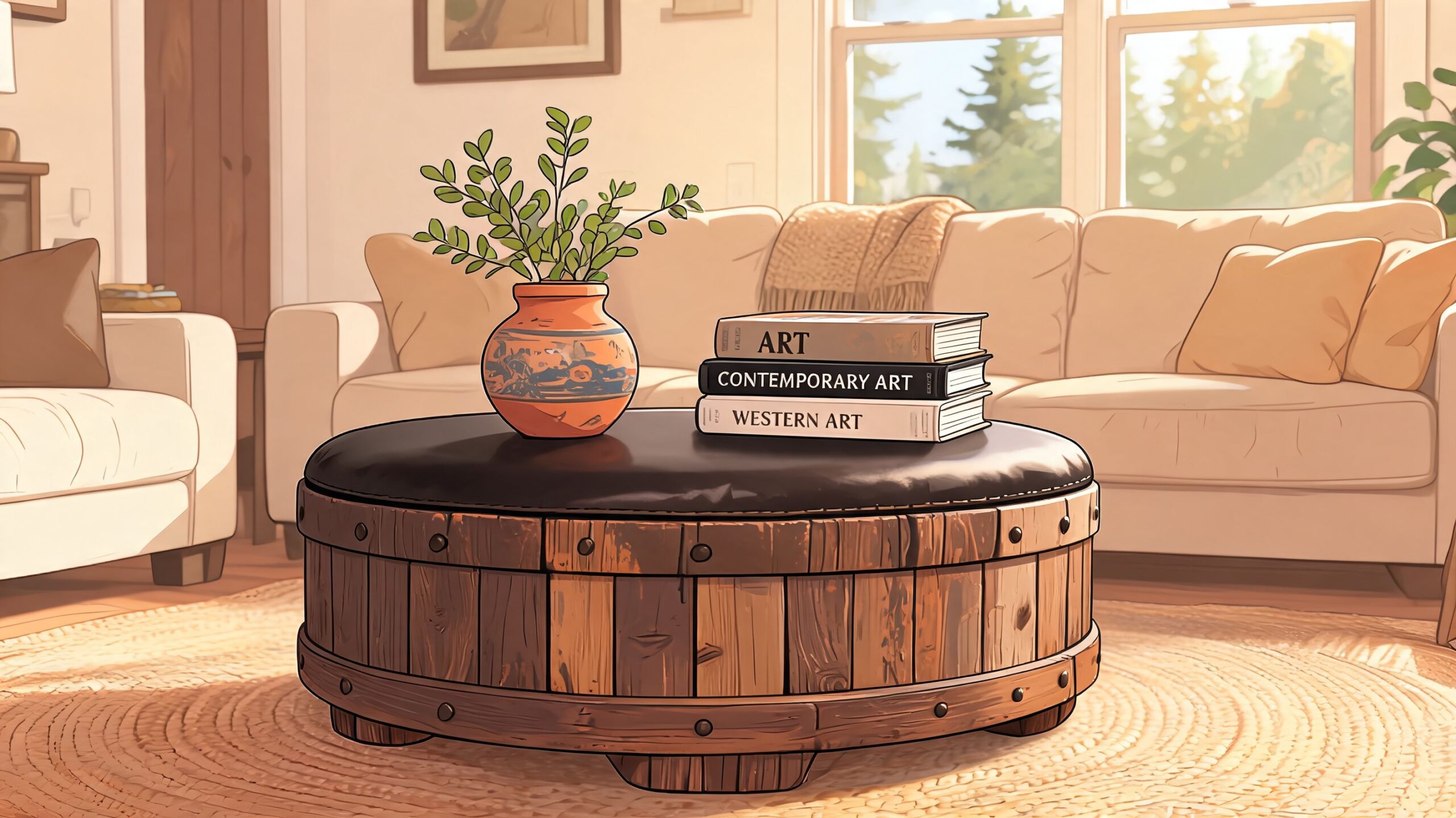 A rustic antique drum coffee table with a leather top sitting on a woven rug in a living room.