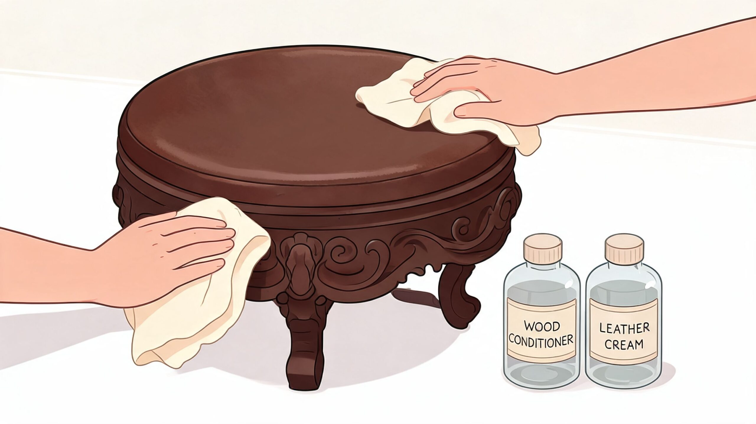 A pair of hands cleaning an antique circular wooden table with a leather top using cloth.