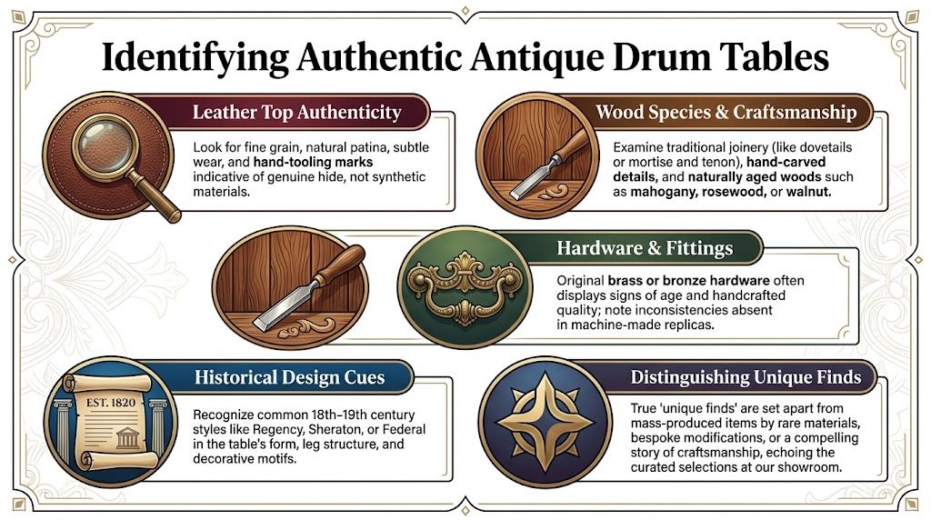 An infographic titled Identifying Authentic Antique Drum Tables explaining how to spot genuine vintage furniture pieces.