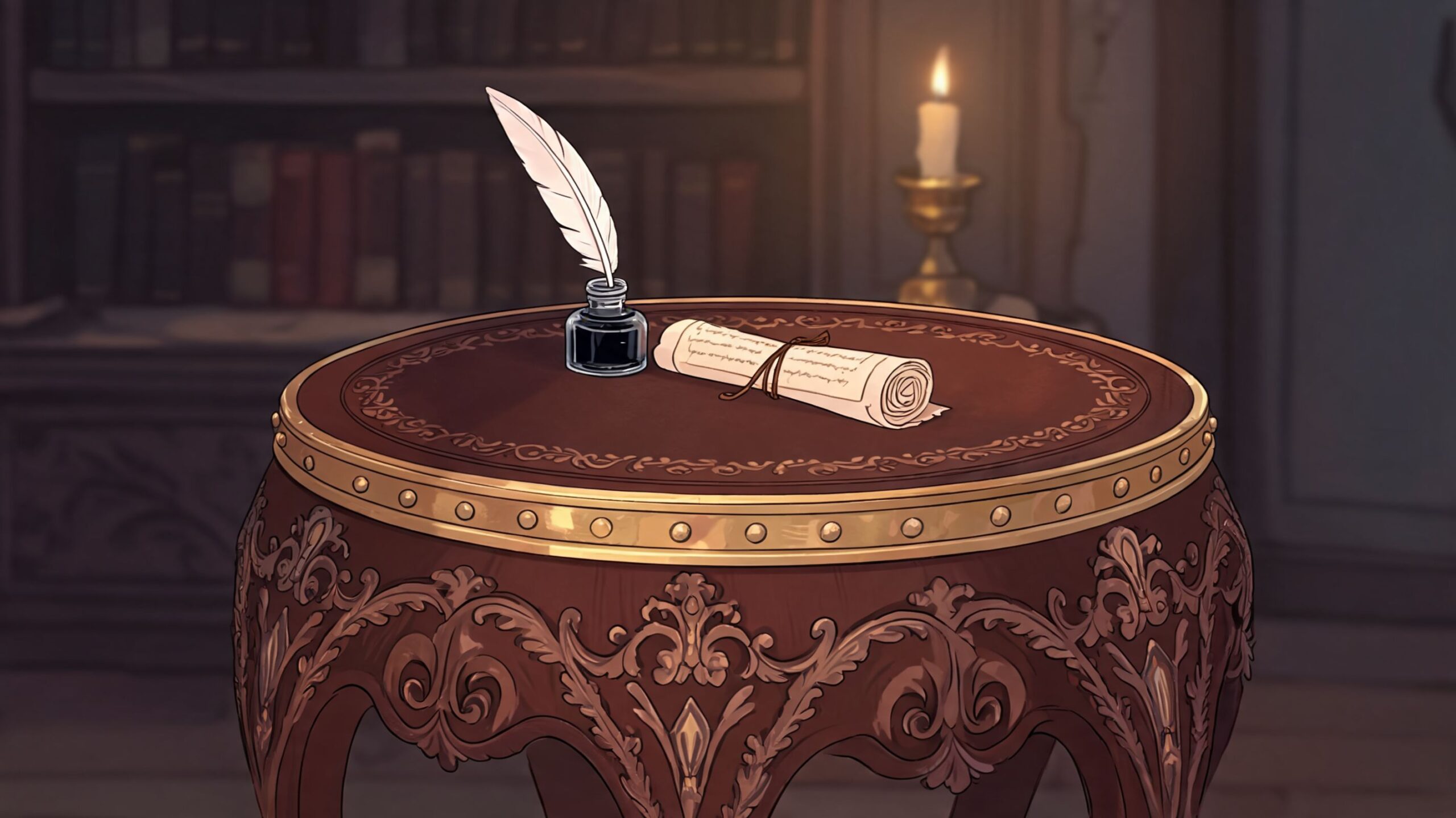 An antique round drum table with a leather top, featuring a quill, inkwell, and a rolled parchment.