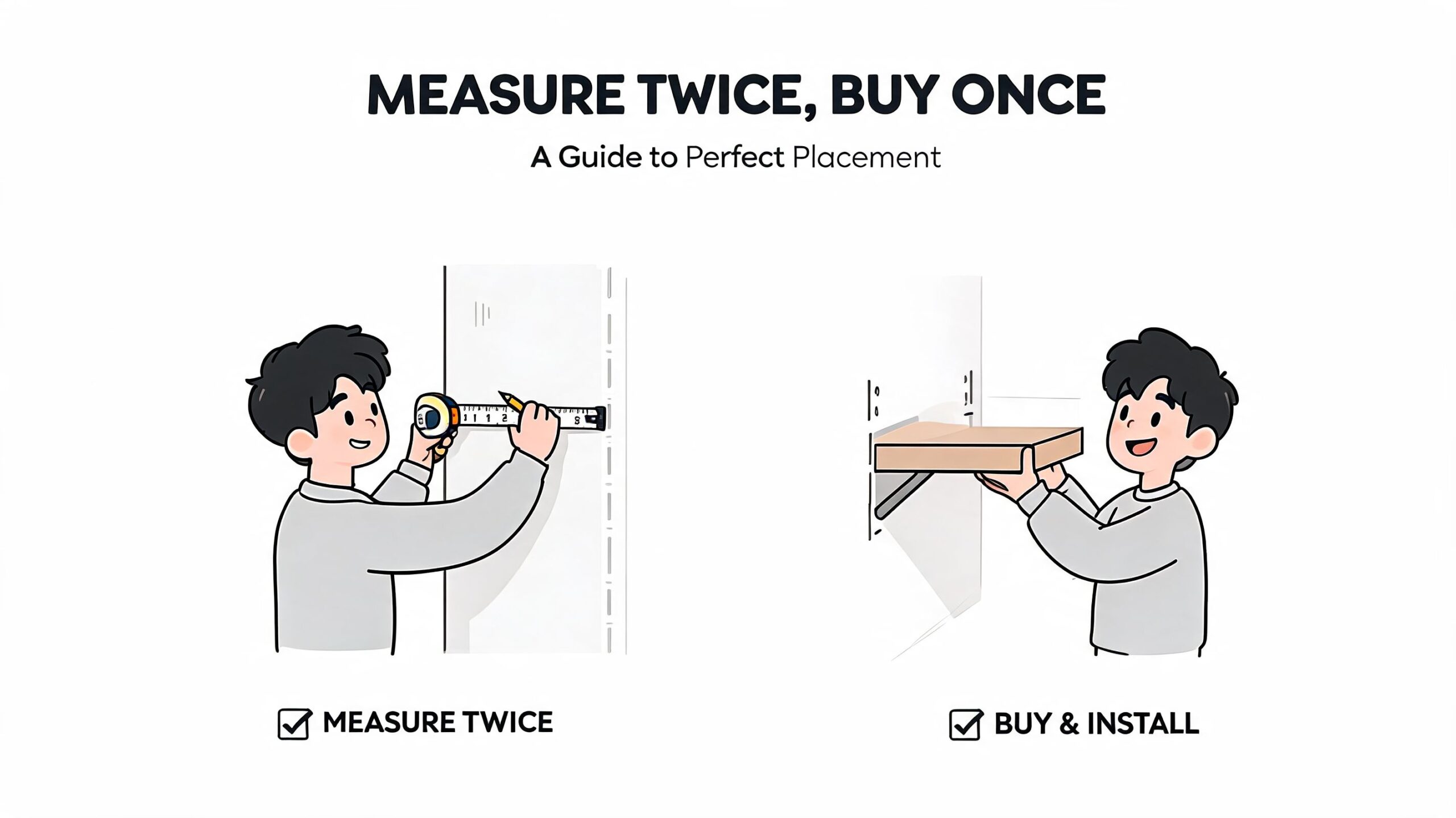 A illustrated guide showing a person measuring a wall with a tape measure and installing a shelf.