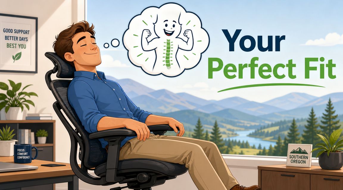 A man relaxing in an ergonomic office chair, imagining a healthy, supported spine with scenic mountain views.