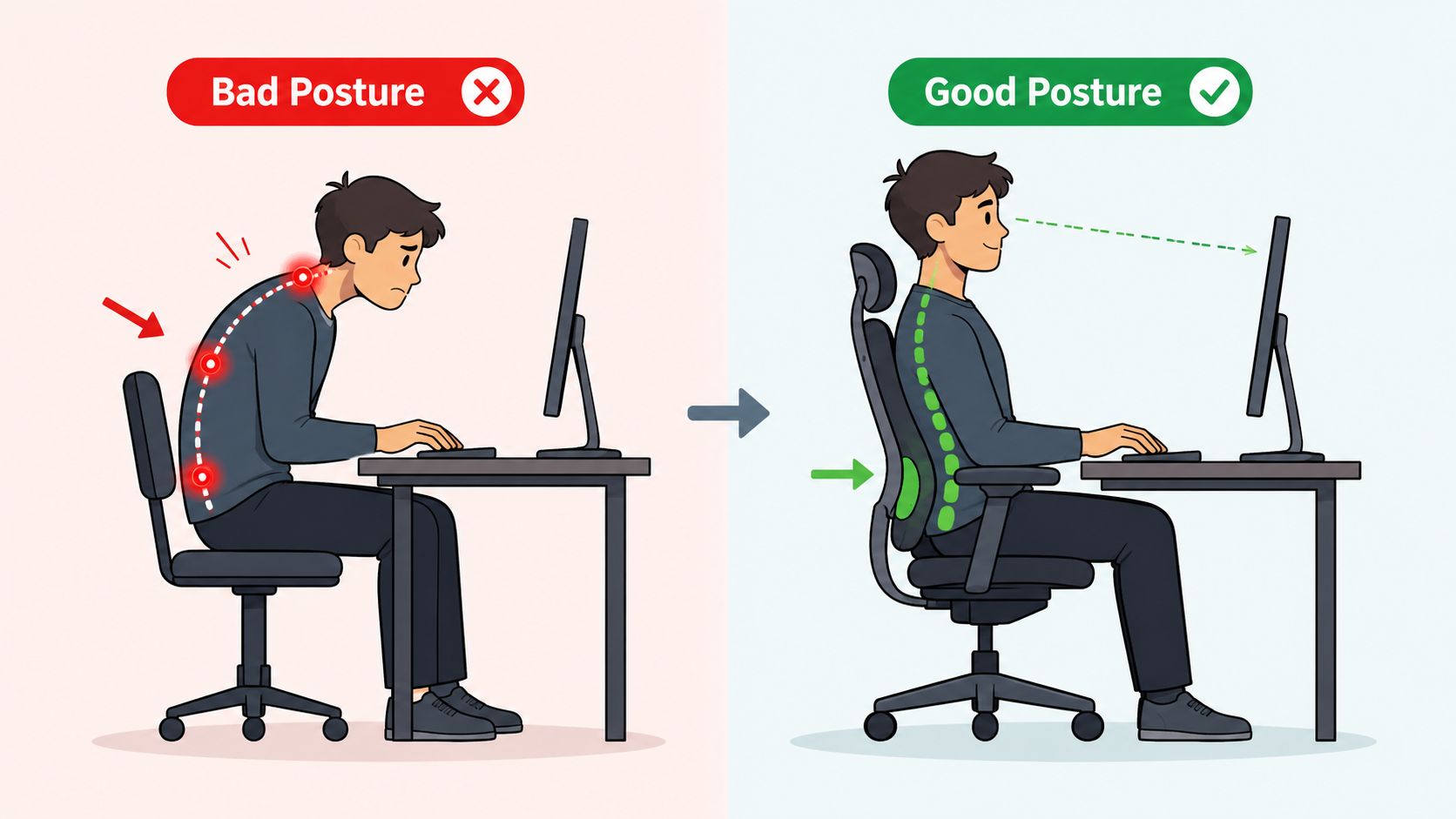 A comparison showing bad posture versus good ergonomic posture while sitting and working at a desk.