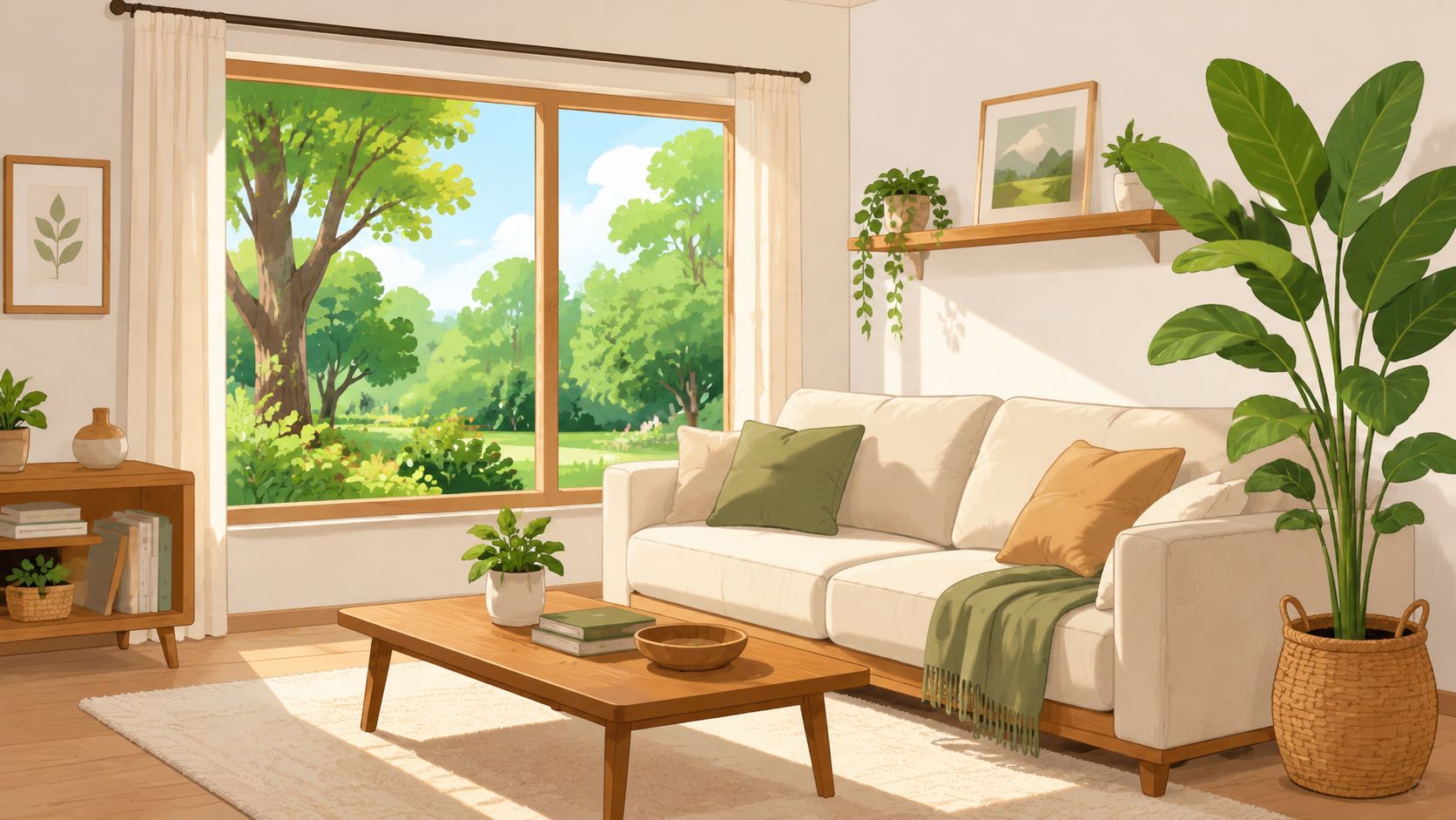 A cozy, sunlit living room featuring biophilic home decor with abundant indoor plants and a window view.