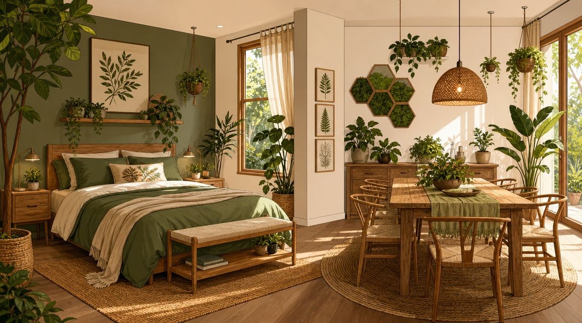 A cozy bedroom and dining area decorated with abundant houseplants and warm natural wood furniture elements.