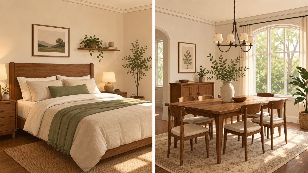 A split-screen view featuring a cozy bedroom and an elegant dining room with natural wood furnishings.
