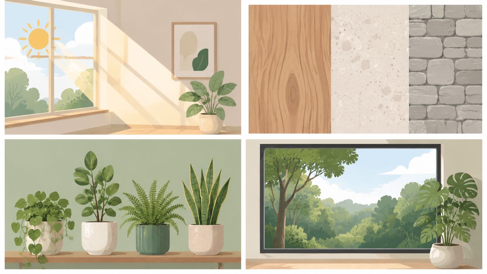A collage showing bright indoor spaces with sunlight, diverse house plants, and natural texture wall materials.