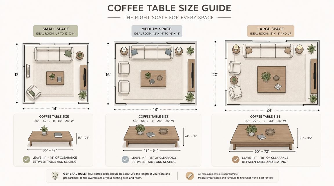 A helpful interior design guide illustrating the ideal coffee table sizes for small, medium, and large rooms.