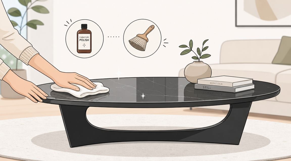A person cleaning a modern black oval coffee table with a soft white cloth and polish.