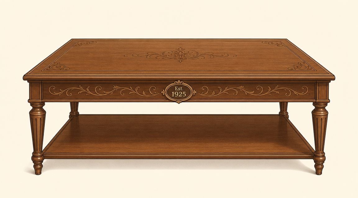 A classic wooden coffee table with decorative carvings, an established 1925 plaque, and a lower storage shelf.