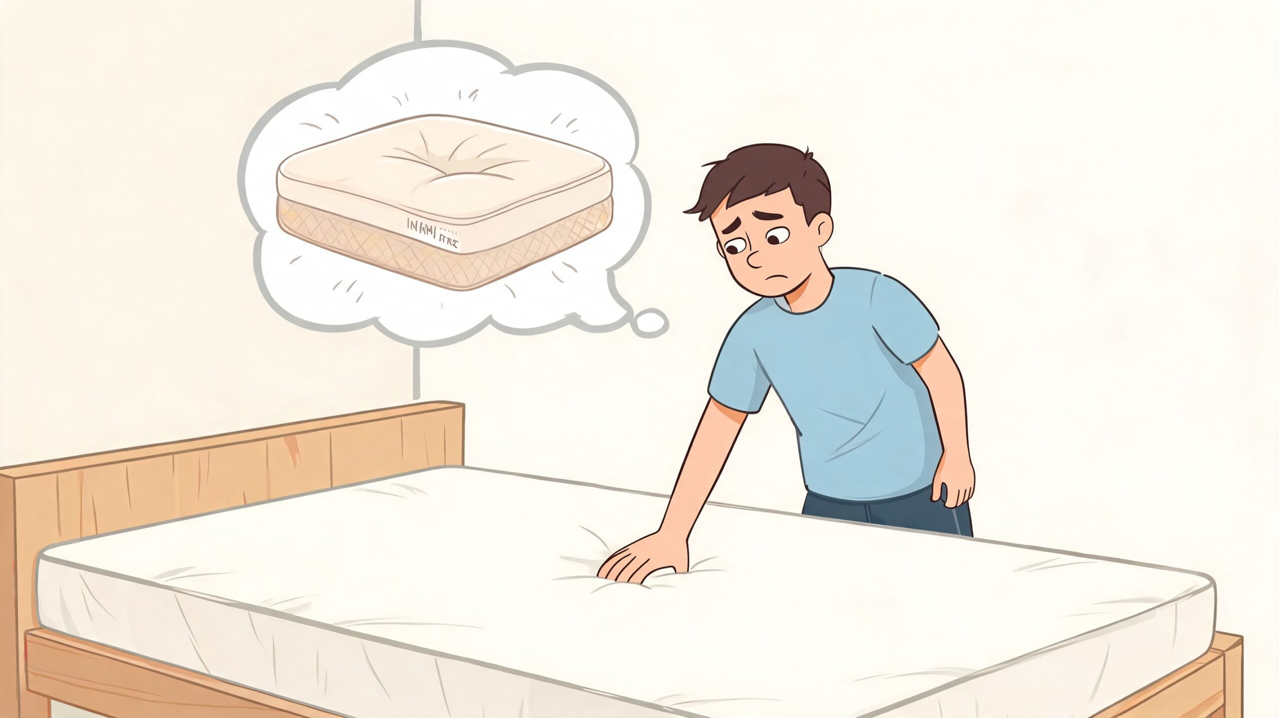 A worried man touches his new mattress while thinking about an ideal, comfortable sleeping cushion.