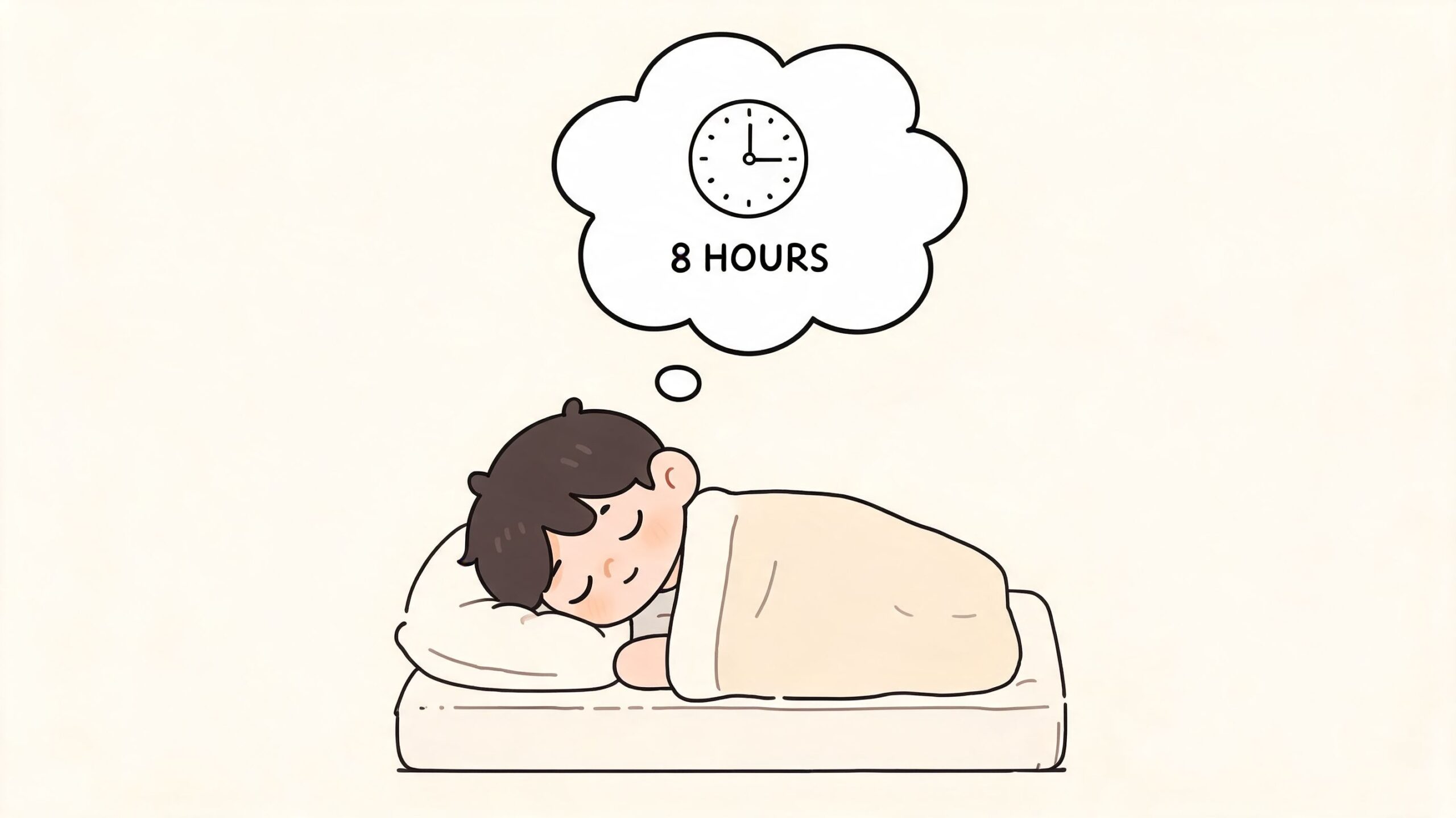 A cartoon illustration of a young person sleeping soundly in bed while dreaming of eight hours sleep.