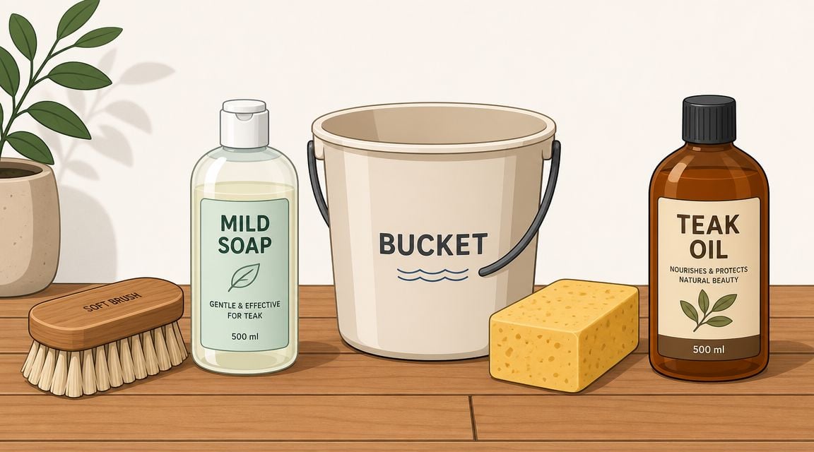 A set of cleaning supplies for teak furniture, including mild soap, teak oil, a bucket, and a brush.