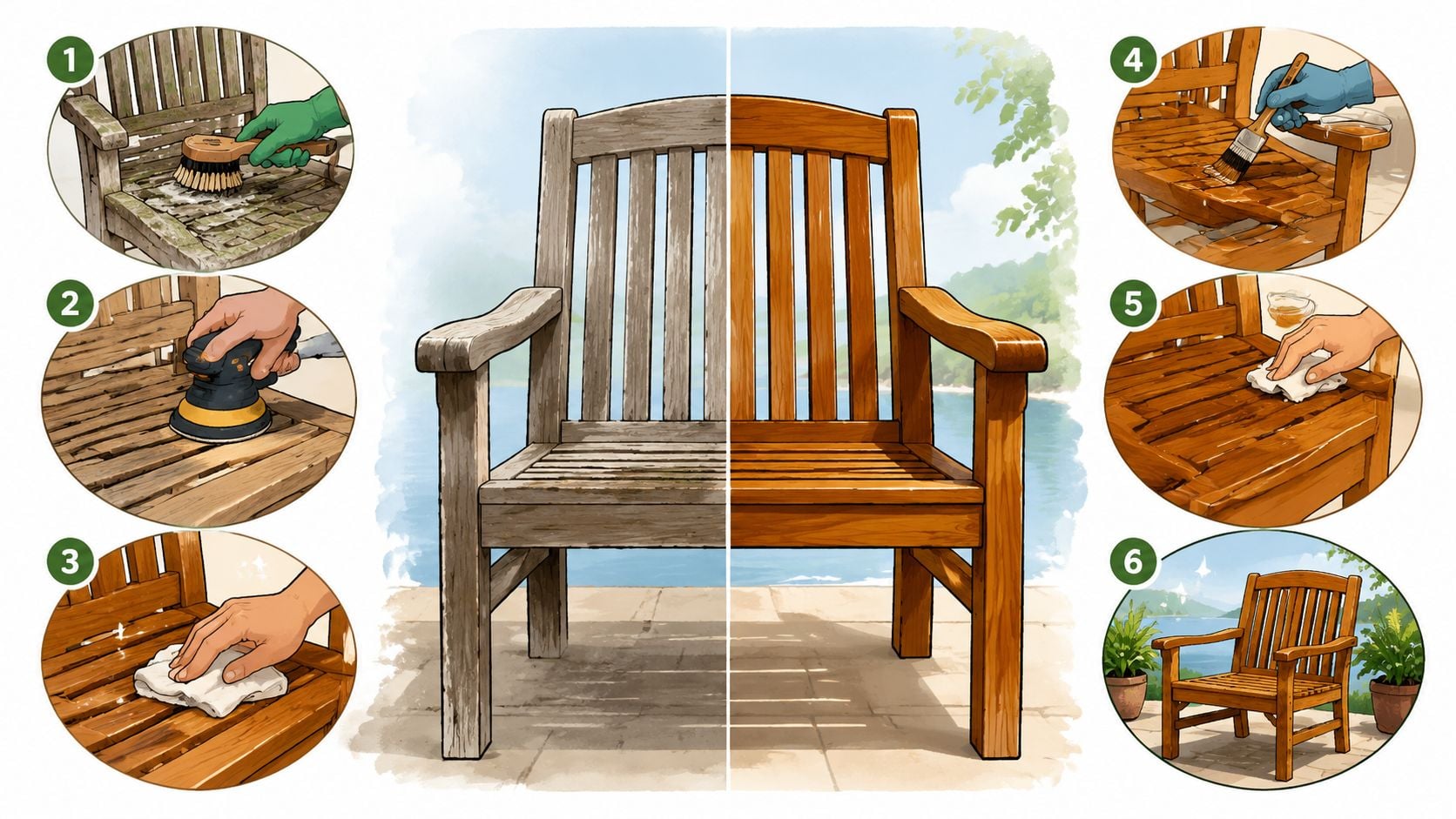 An illustrated guide showing six steps to restore weathered teak garden furniture to its original condition.
