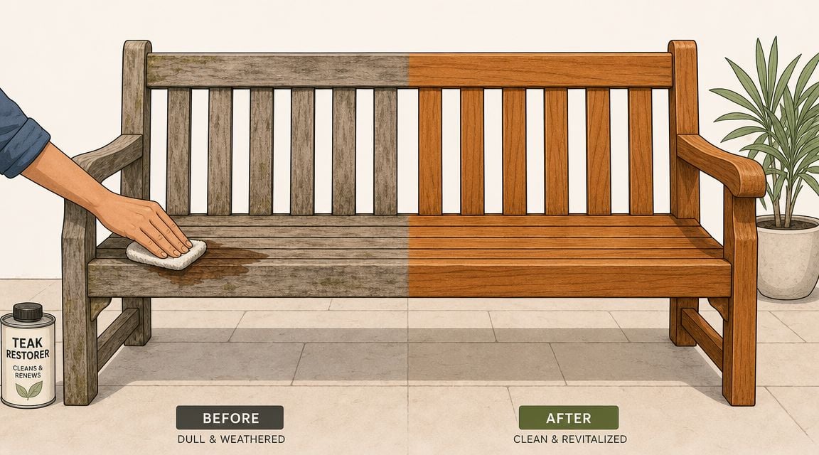 A split image showing a weathered teak bench being cleaned and restored with a teak restorer product.