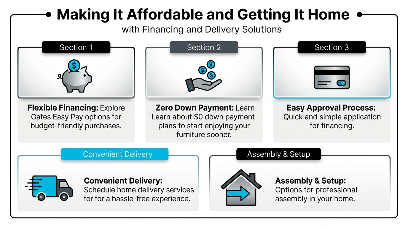 A graphic illustration detailing furniture store financing, zero down payment, delivery, and professional home assembly options.