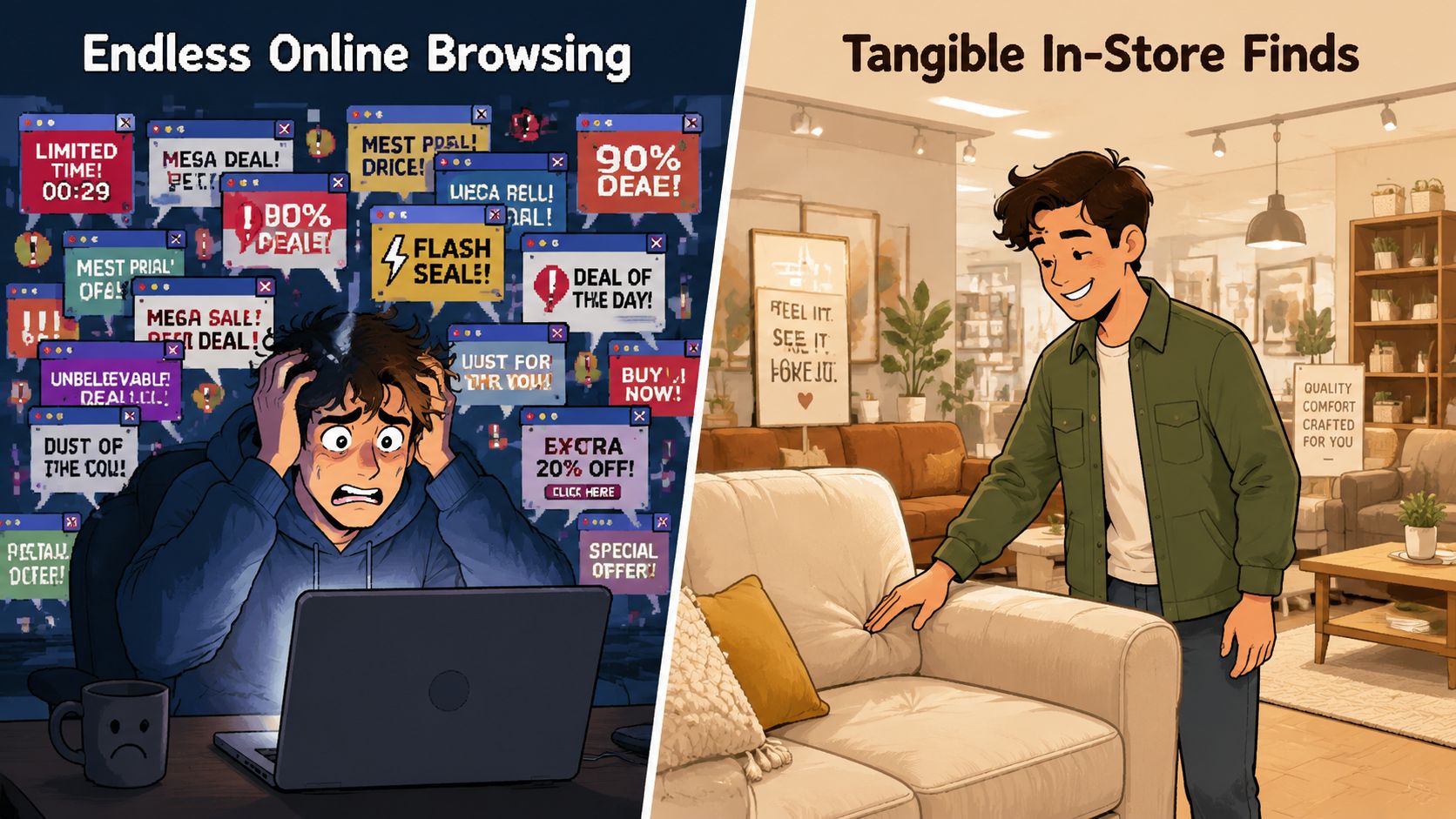 A split image contrasting an overwhelmed man shopping online with a relaxed man shopping for furniture in-store.