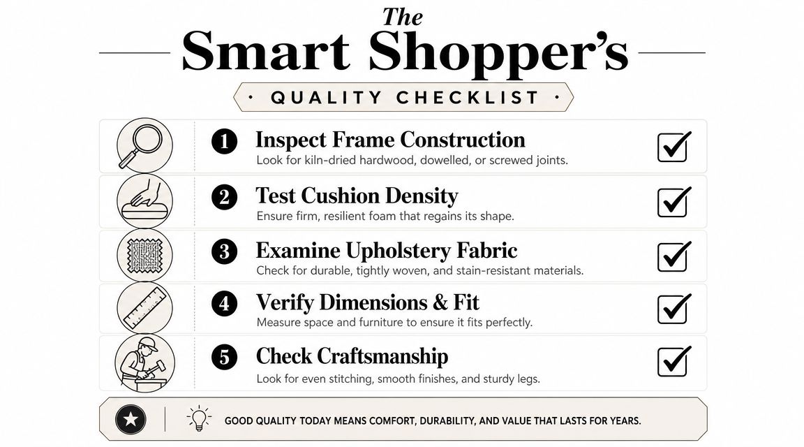 A quality checklist infographic for smart shoppers evaluating furniture construction, cushion density, fabric, dimensions, and craftsmanship.