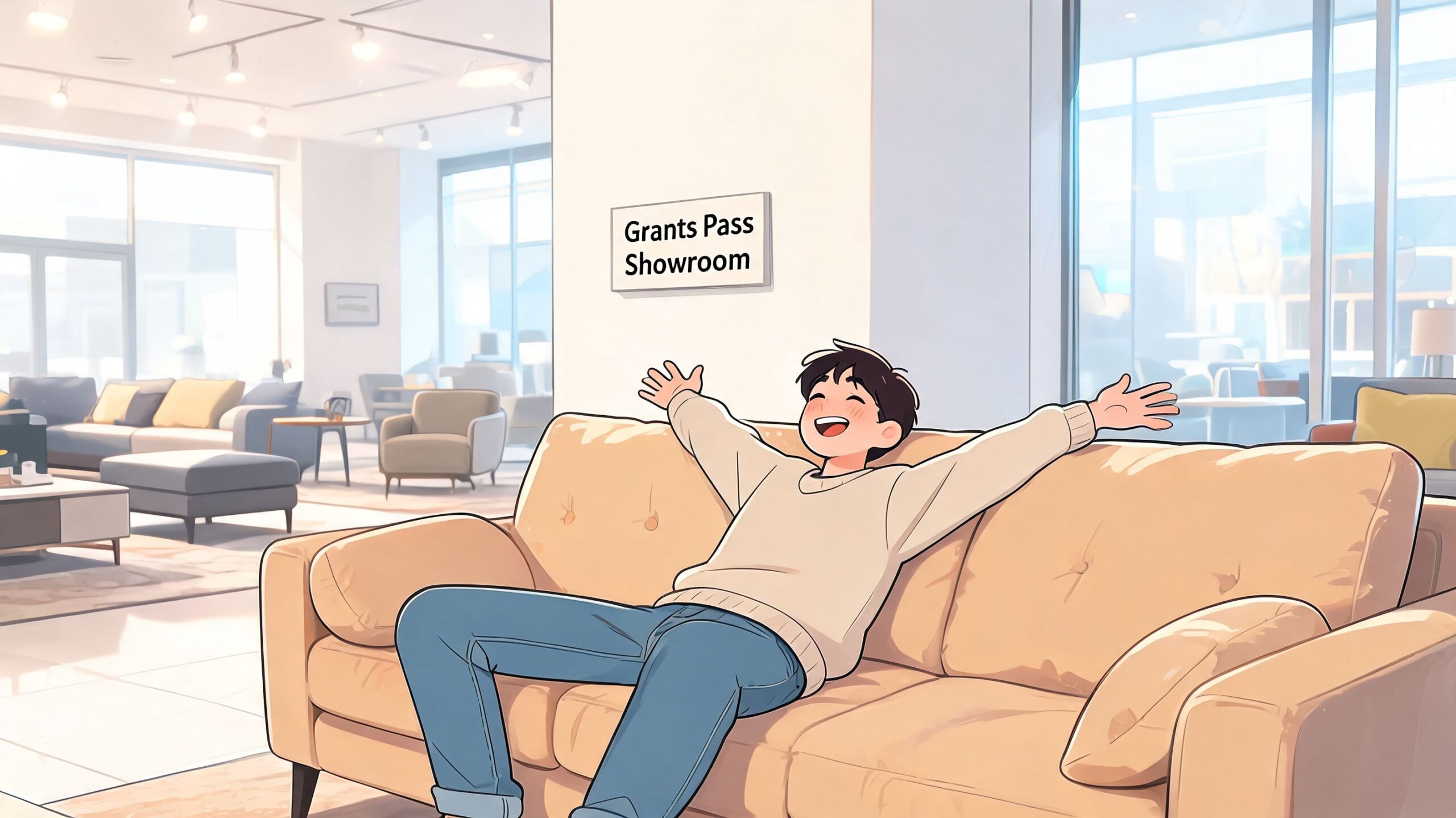 A happy young man relaxing on a comfortable beige couch in a bright modern furniture showroom.