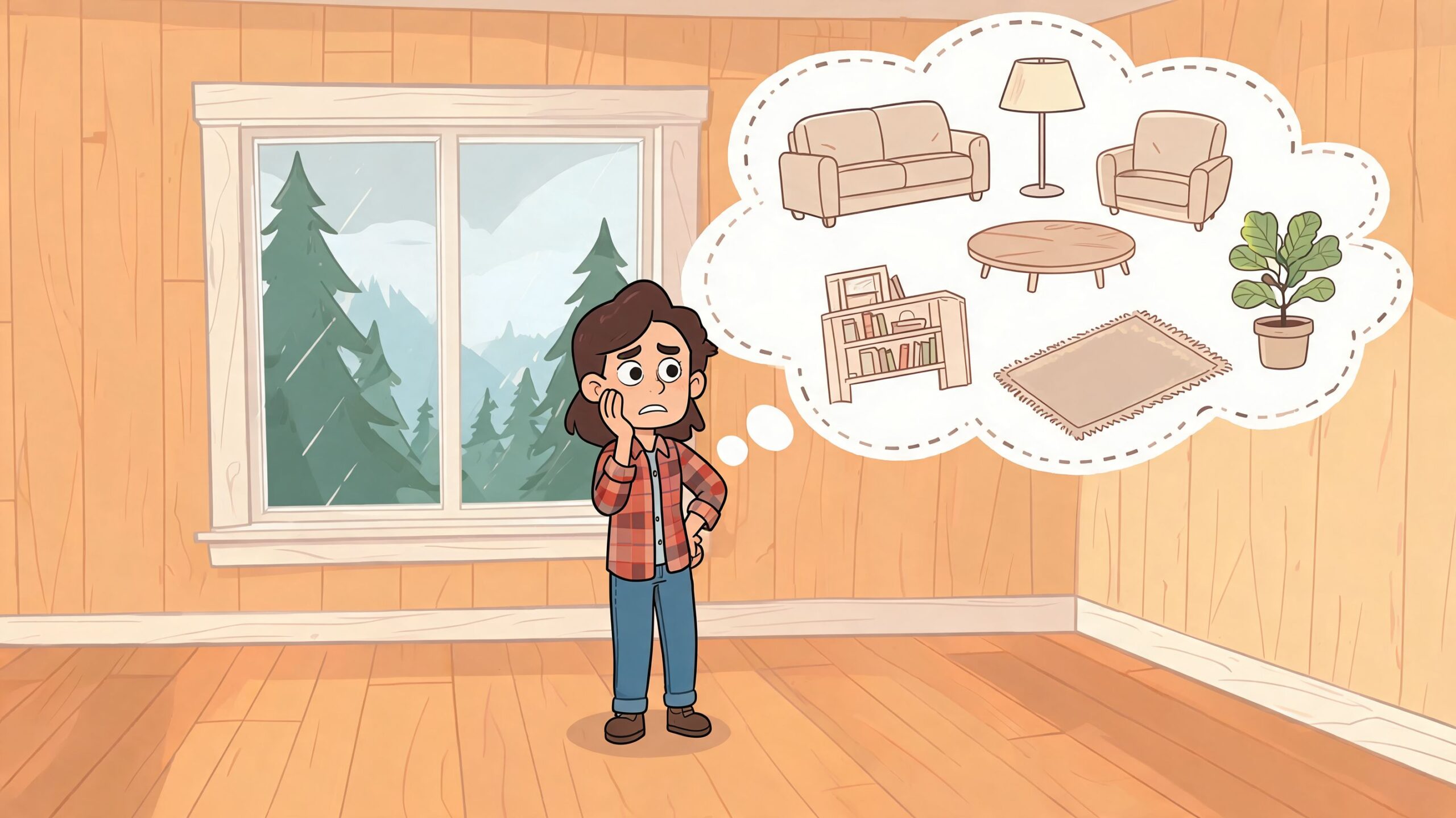 A person standing in an empty room imagining various furniture items like a couch and rug.