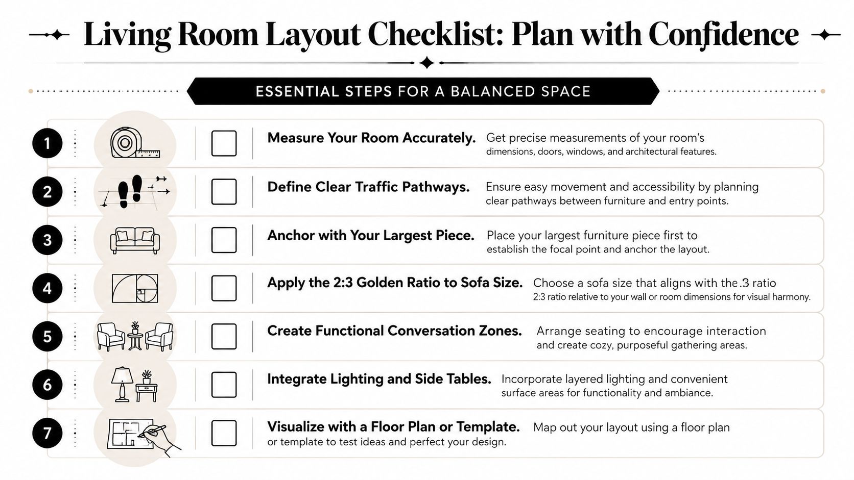 A checklist infographic titled Living Room Layout Checklist offering seven essential steps for designing a balanced space.