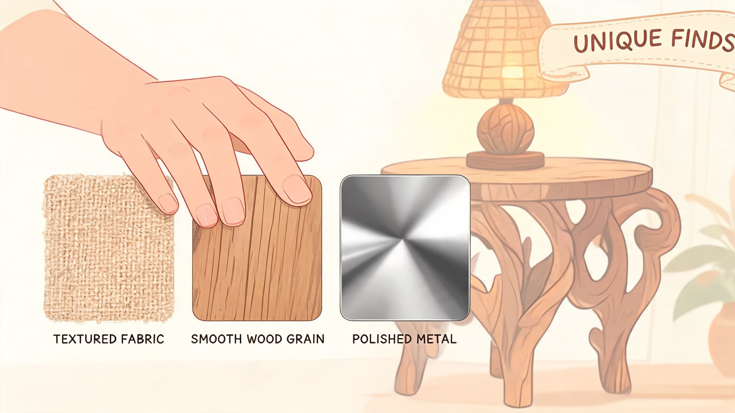 A hand selecting material samples of textured fabric, smooth wood grain, and polished metal for interior design.