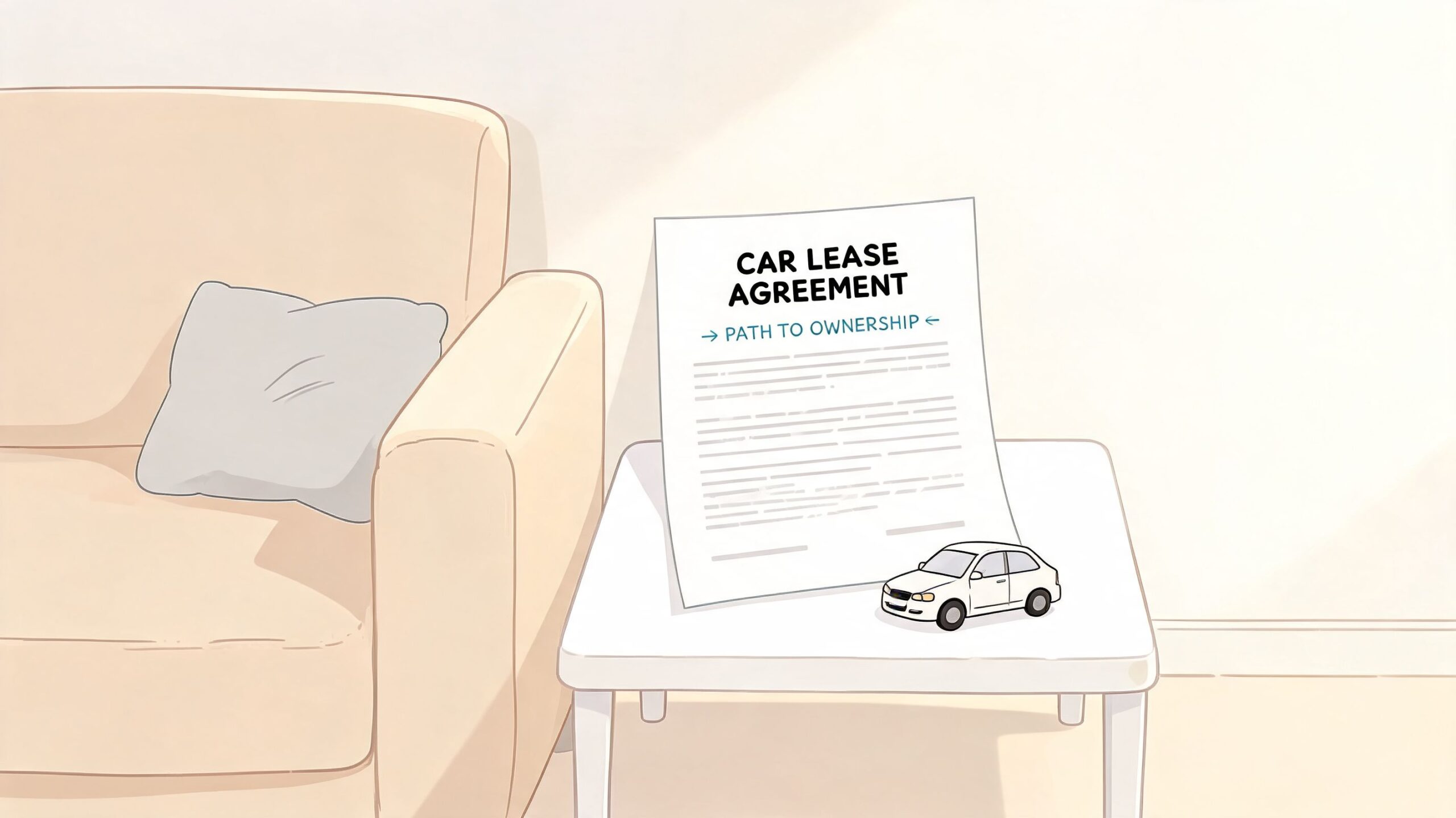 A document titled car lease agreement with a toy car placed on a table in a living room.
