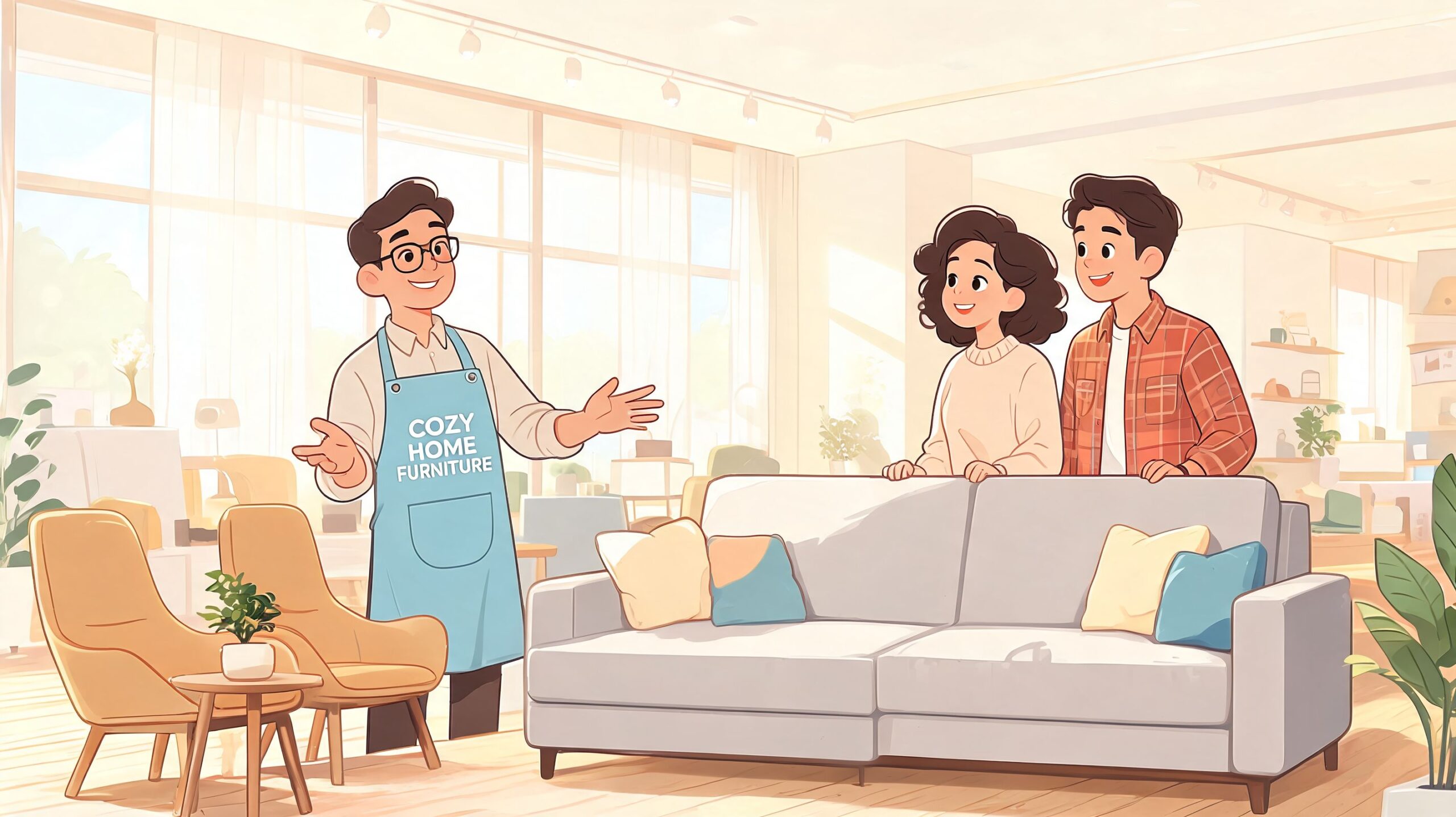 A friendly furniture store associate showing a modern white sofa to a young couple shopping for home furniture.