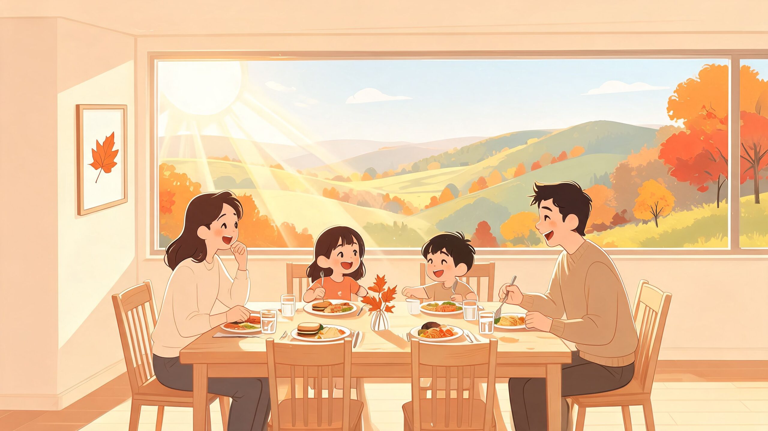 A happy family eating a meal together in a bright dining room with a scenic autumn window view.