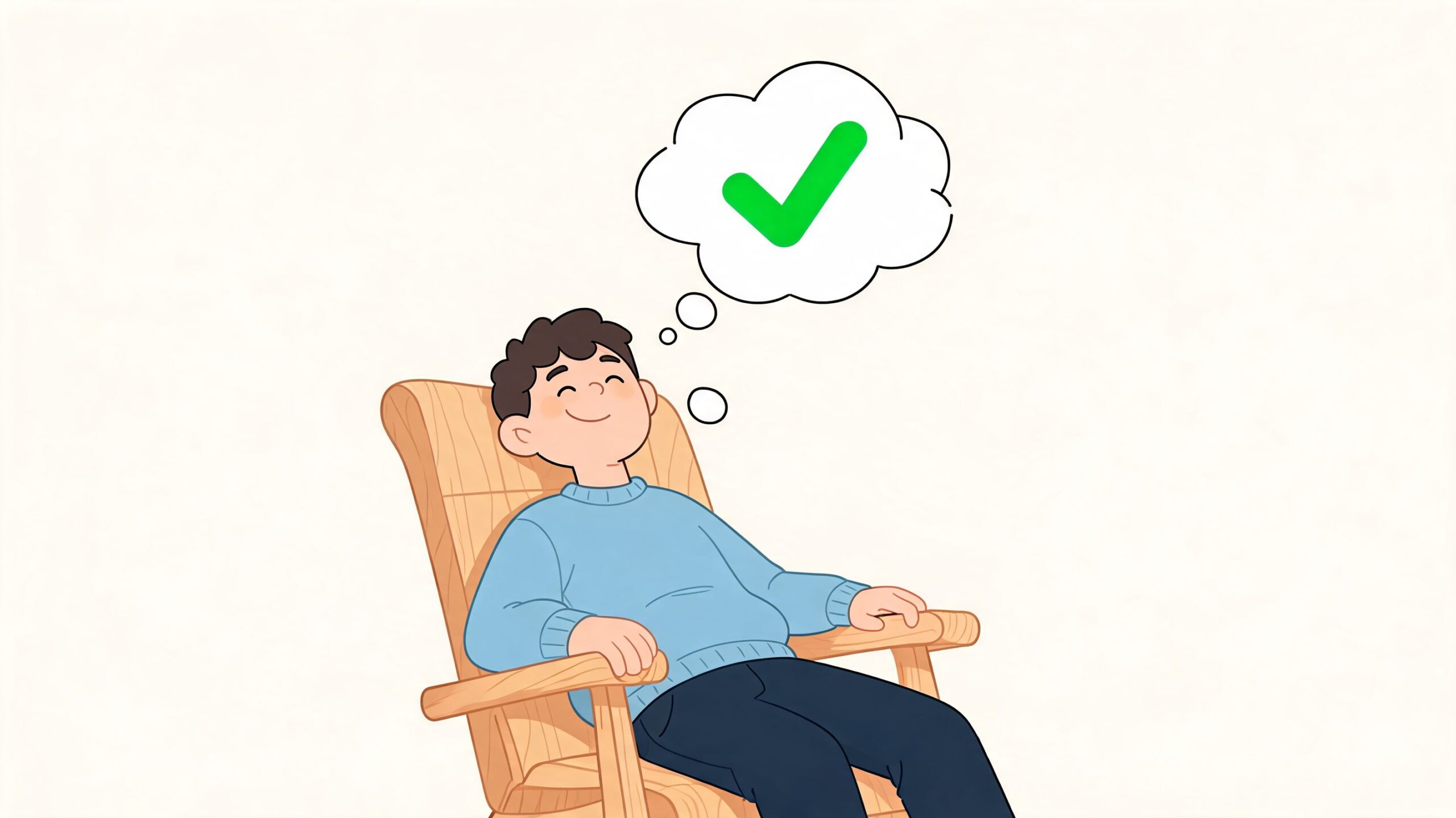 A relaxed young man sitting in a wooden chair thinking about a green checkmark symbol.