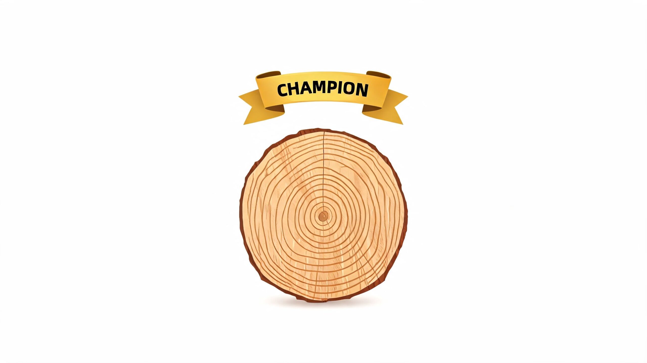 A cross-section of a wooden tree trunk with a gold Champion ribbon banner above it.