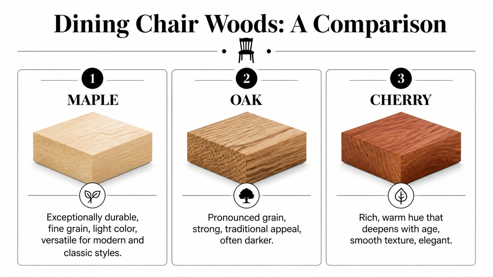 A comparison chart of three wood types for dining chairs including maple, oak, and cherry samples.