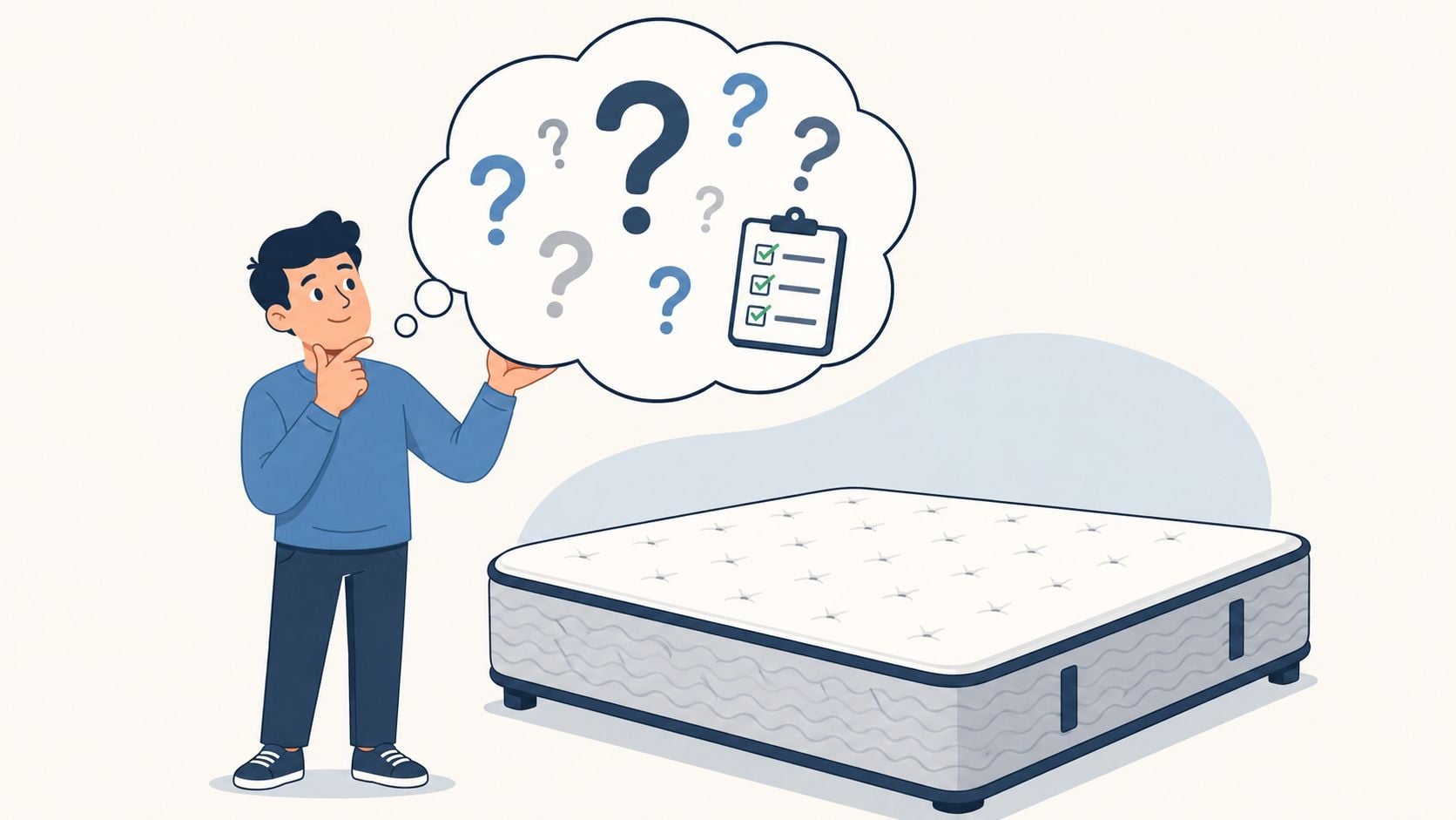 A thoughtful man standing next to a mattress while considering his options with a checklist and questions.