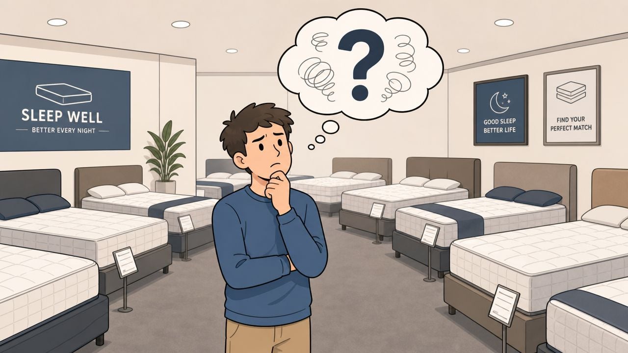 A confused young man standing in a mattress store, thinking about which bed to choose.
