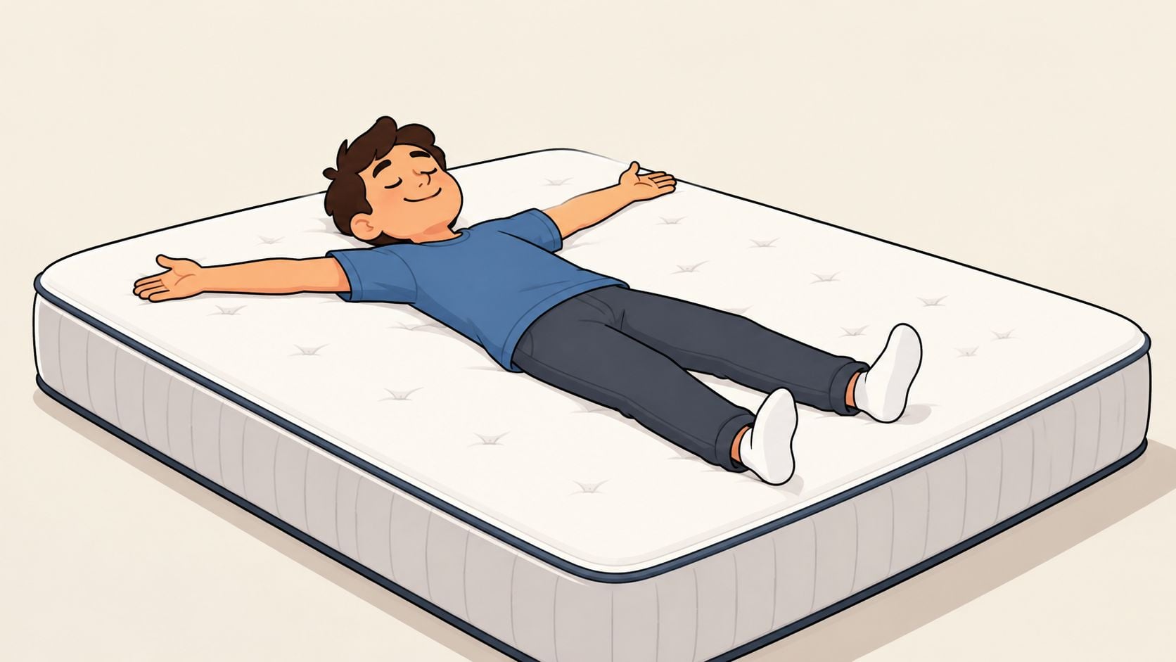 A relaxed young boy lying flat on his back with arms spread out on a comfortable white mattress.