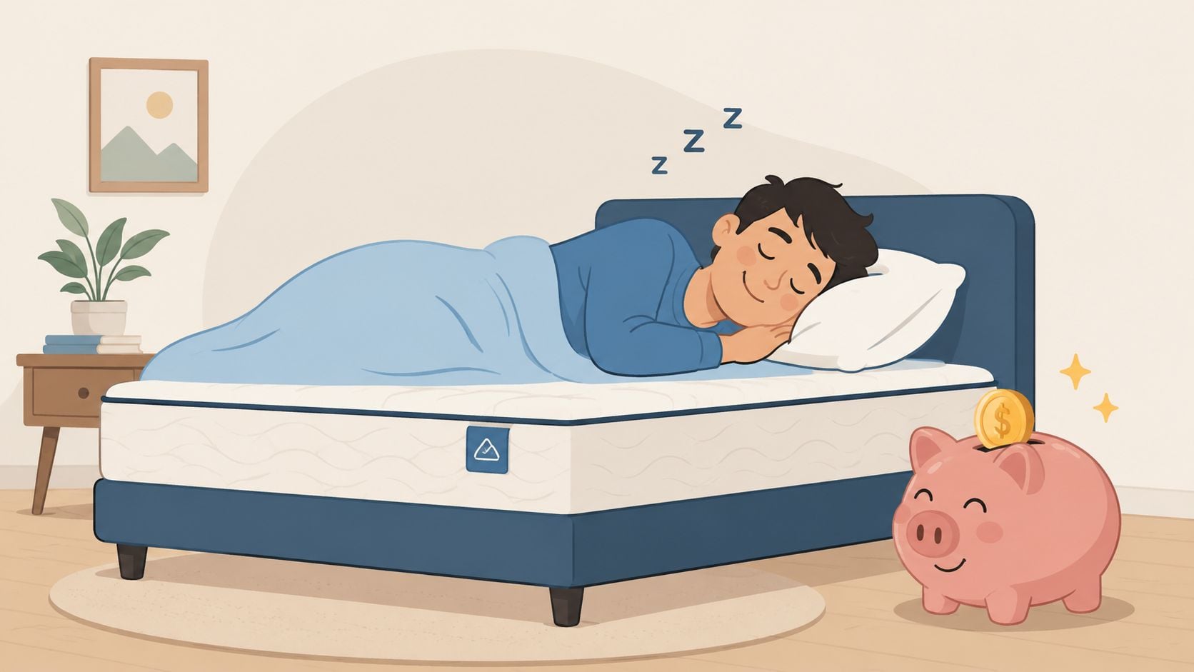 A peaceful illustration of a person sleeping soundly on a comfortable mattress next to a piggy bank.