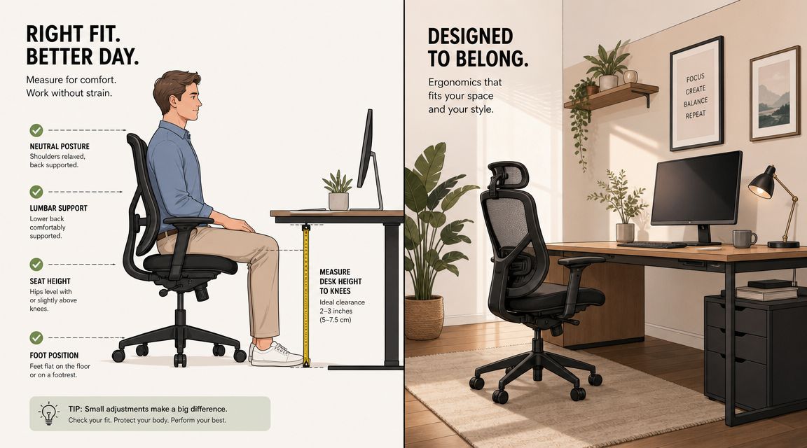 An infographic showing proper ergonomic desk and chair setup for a healthy office workspace.