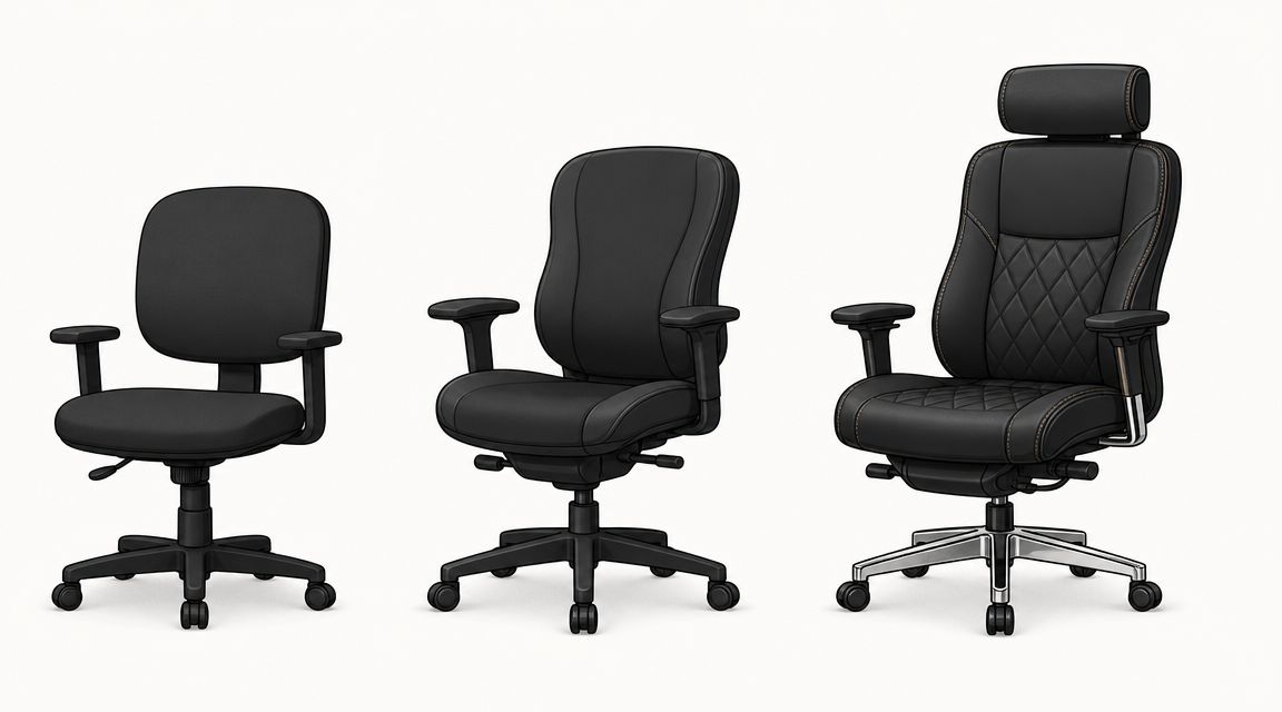 Three different models of black office chairs arranged in a row against a plain white background.