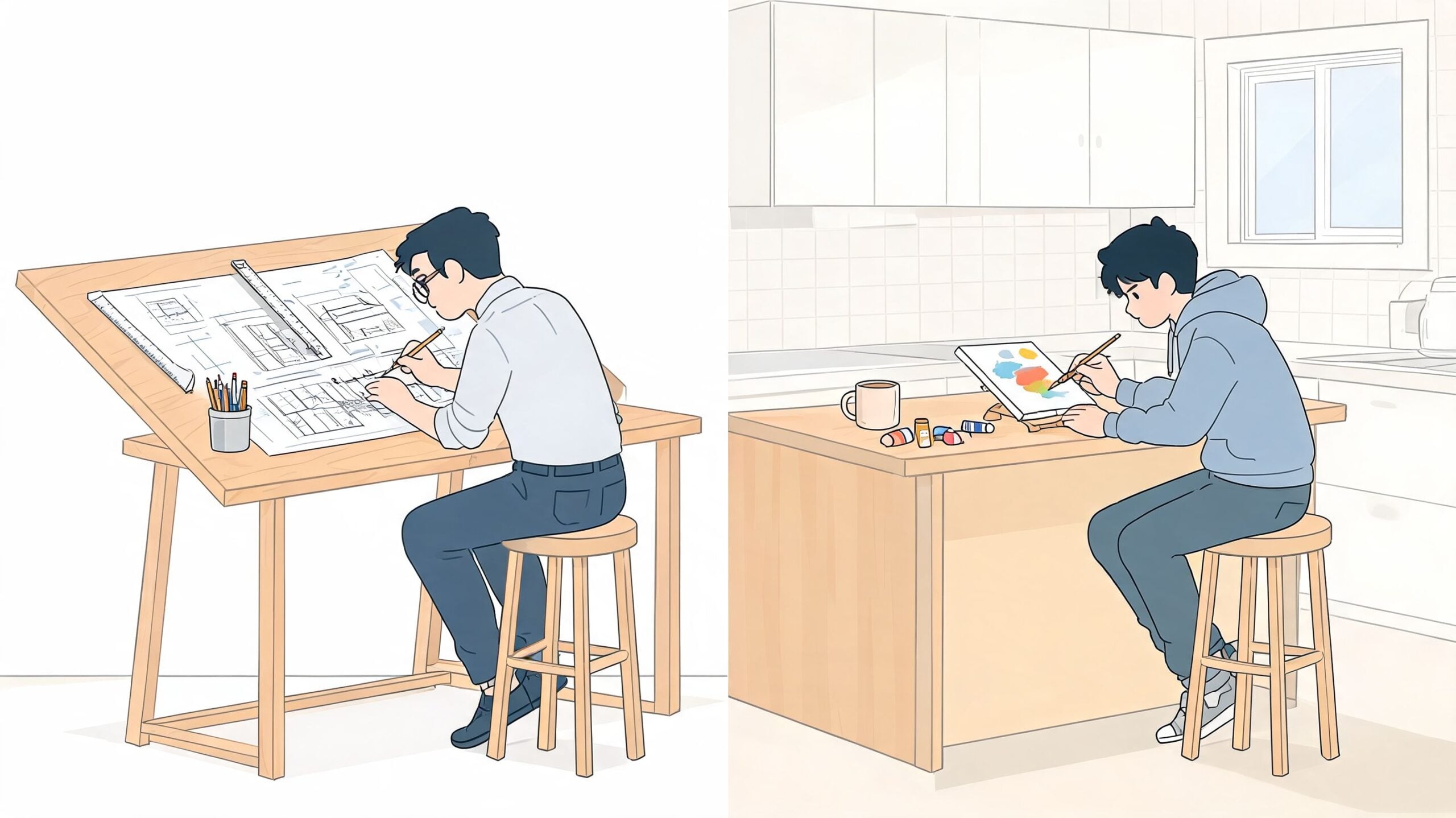 A split illustration showing two men working while sitting on high stools at wooden tables.
