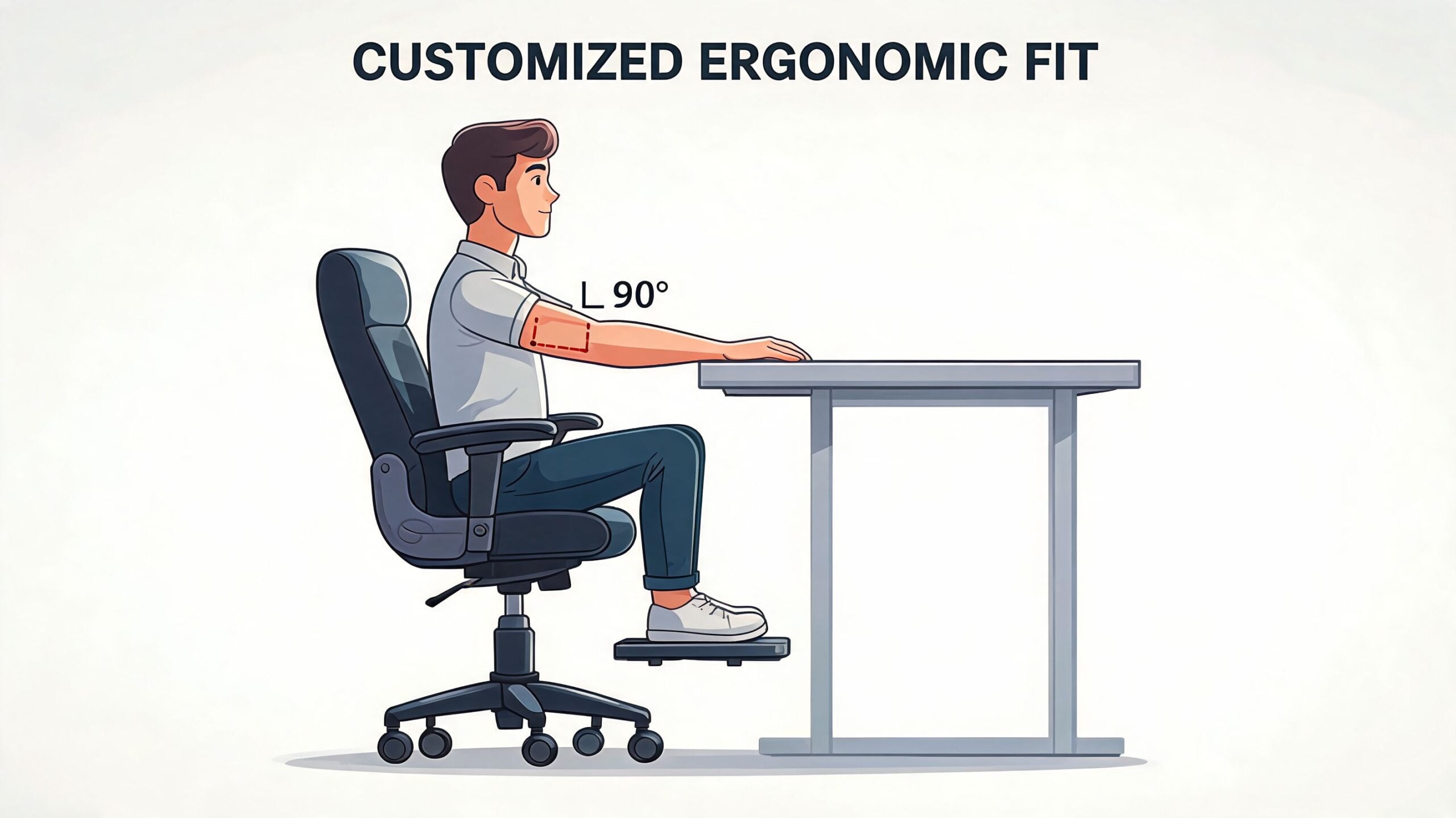 A diagram demonstrating the ideal ergonomic posture for sitting at an office desk to ensure comfort.