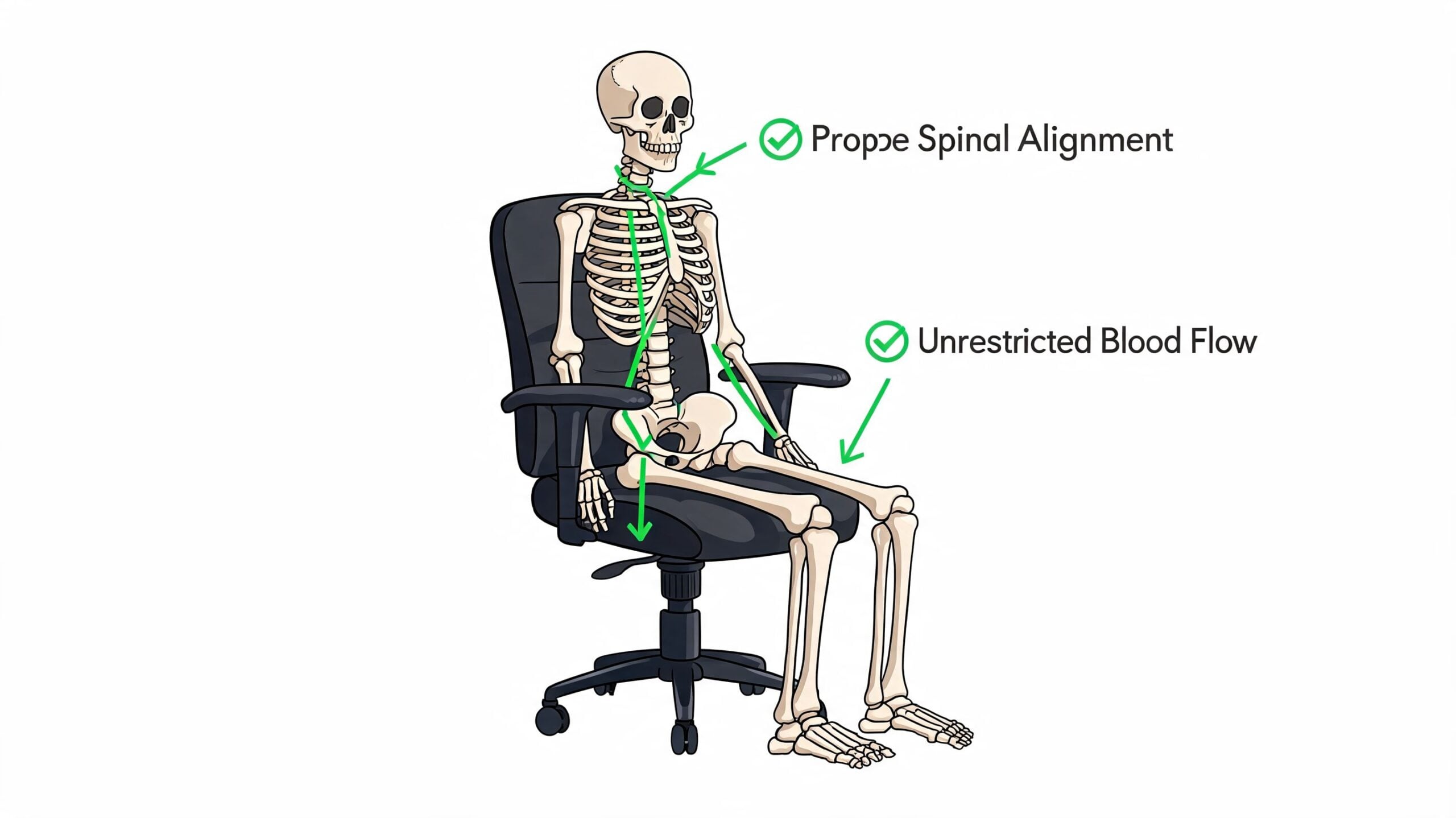 A diagram of a skeleton sitting correctly in an office chair, showing spinal alignment and blood flow.