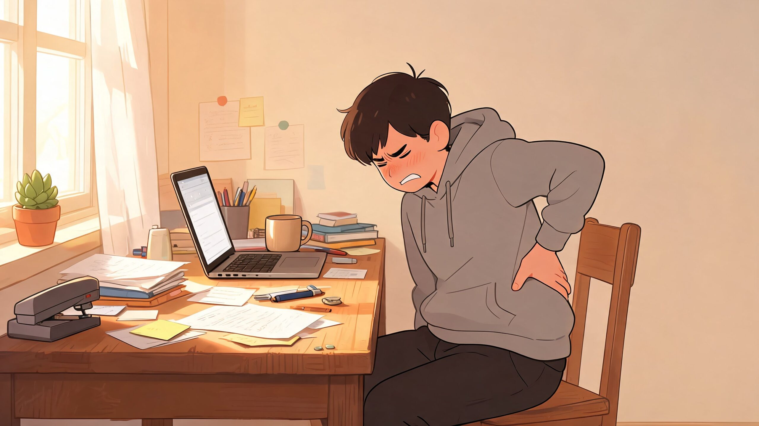 A young person sitting at a desk with a laptop, holding their back in pain from posture.