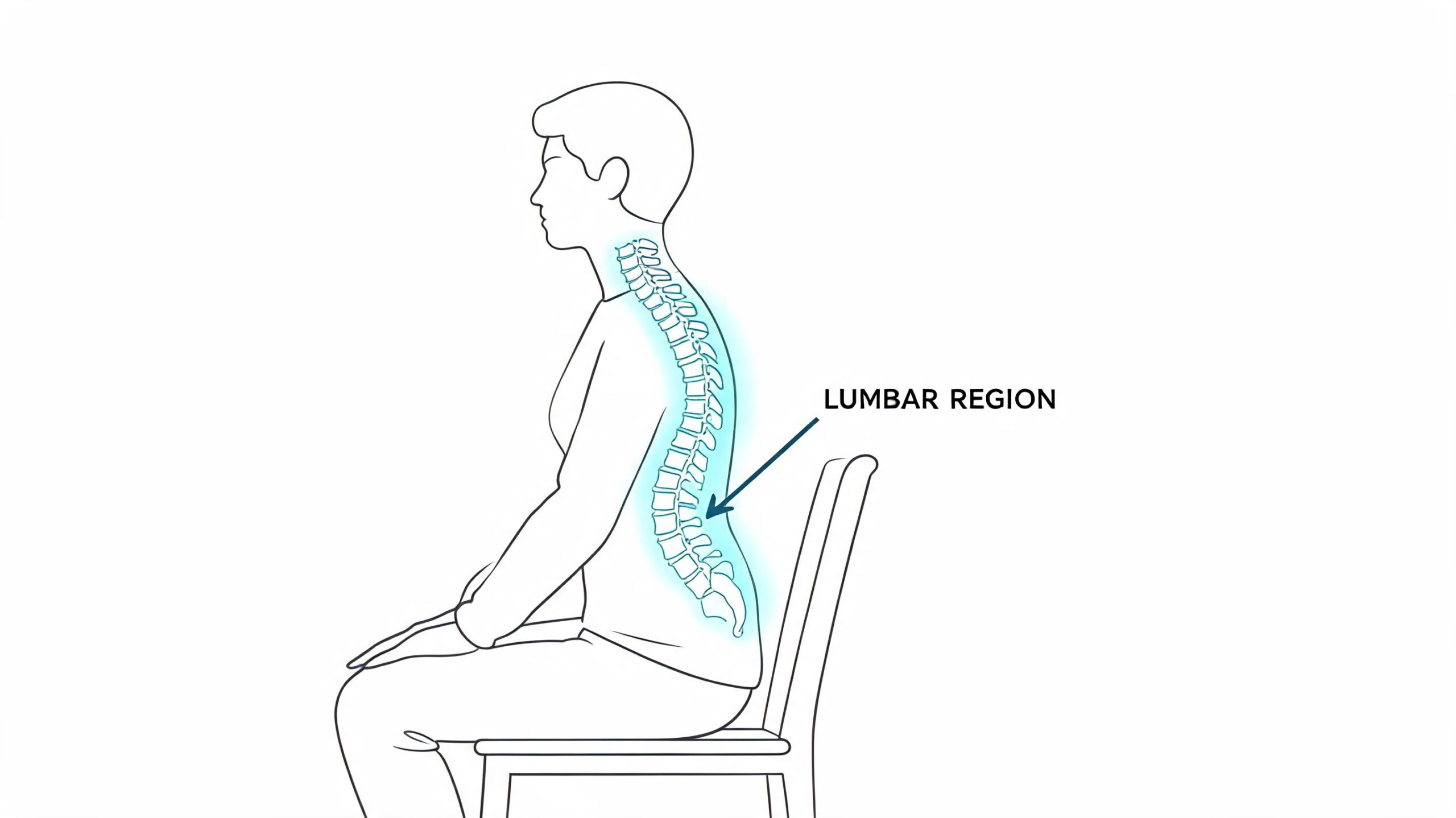 Line drawing of a person sitting in a chair highlighting the lumbar region of their spine.