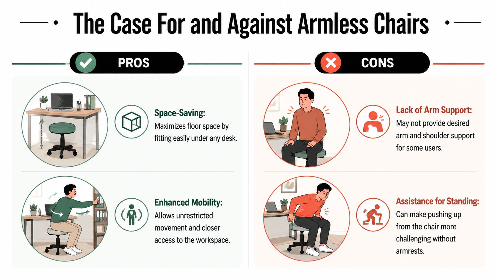 An infographic comparing the pros and cons of using armless office chairs for workspace setups.