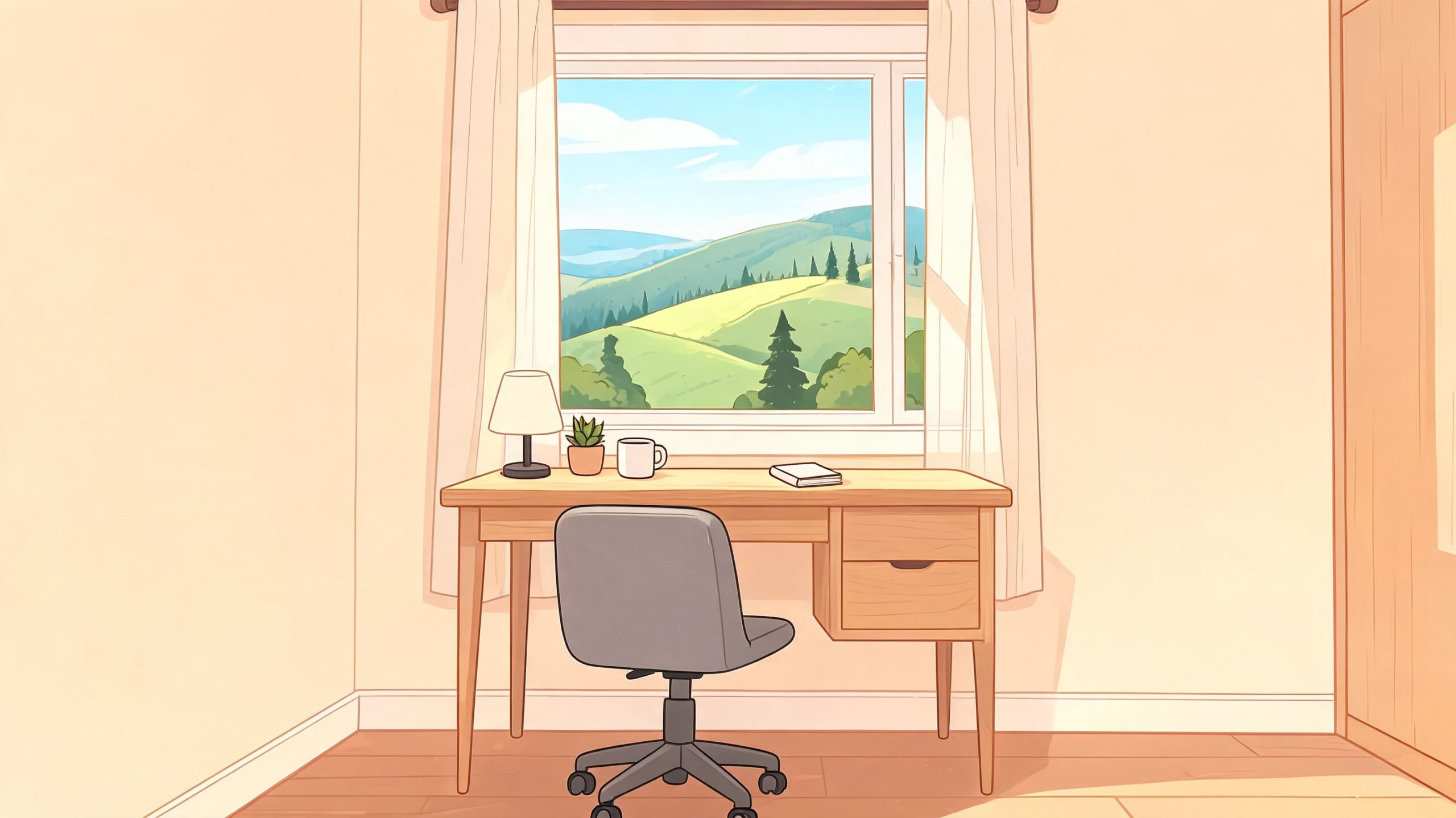 A cozy, minimalist home office featuring a desk with a grey office chair without arms.